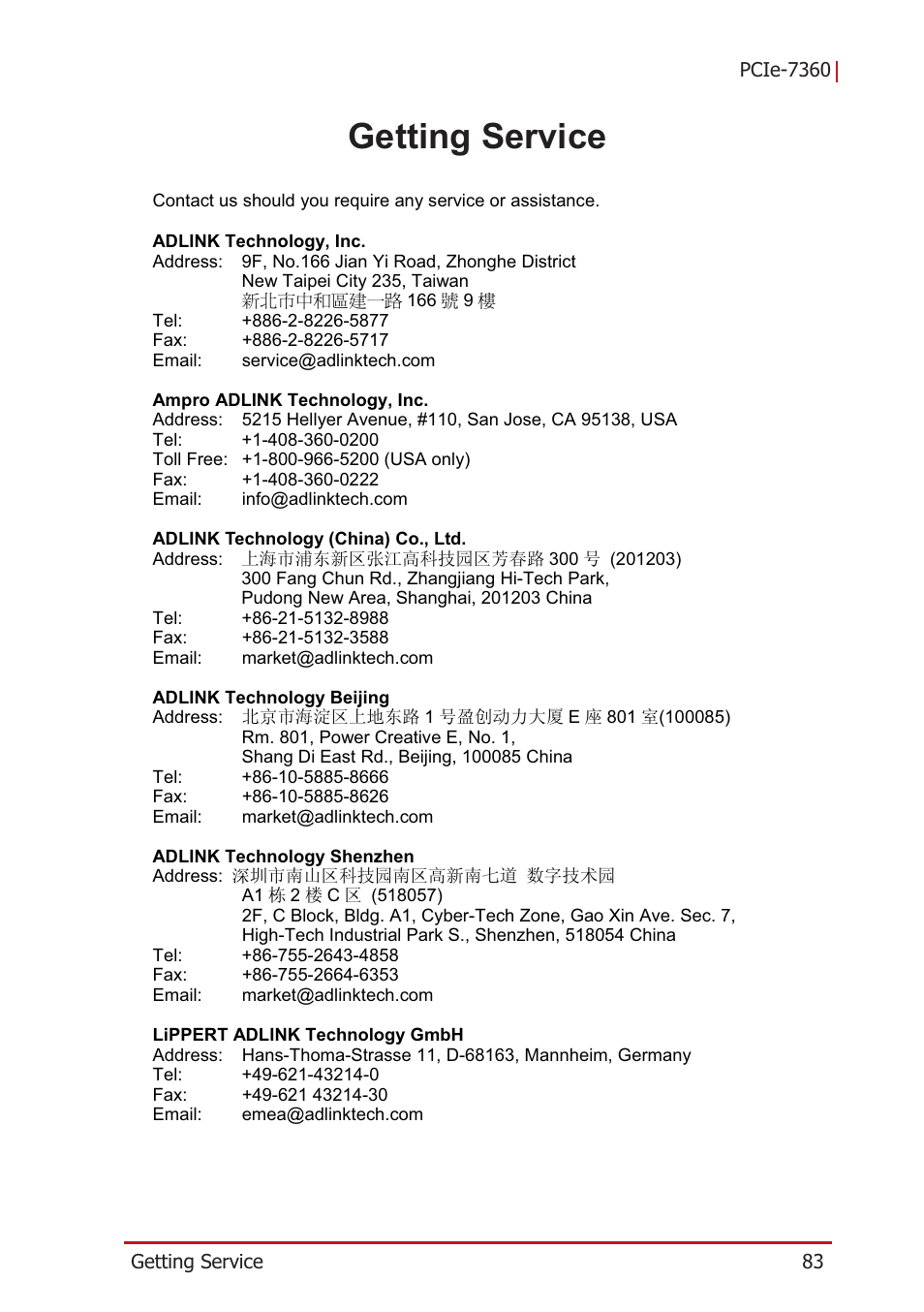 Getting service | ADLINK PCIe-7360 User Manual | Page 93 / 94