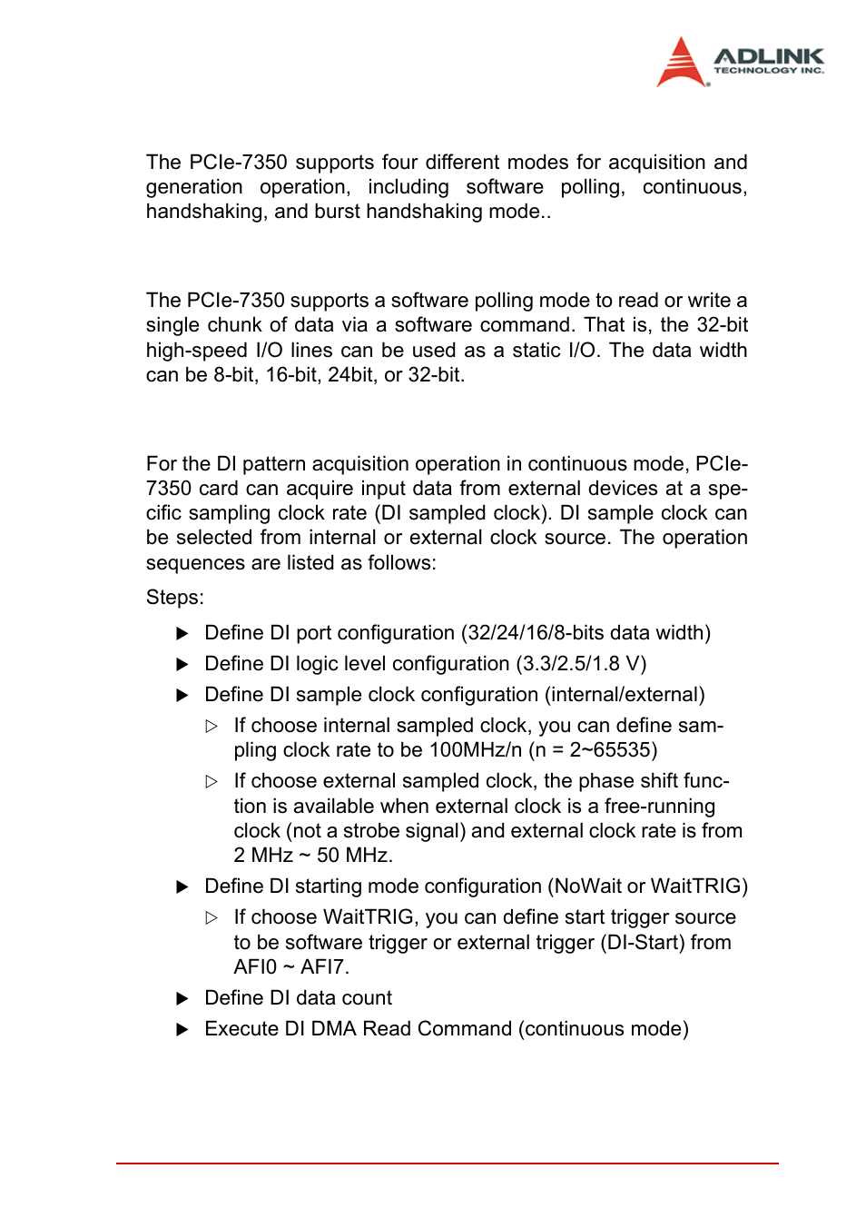 7 operation mode, 1 polling mode (single read/write), 2 di dma in continuous mode | Operation mode | ADLINK PCIe-7350 User Manual | Page 45 / 86