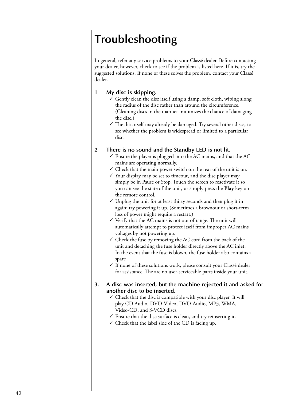 Troubleshooting | Classe Audio CDP-102 User Manual | Page 42 / 48