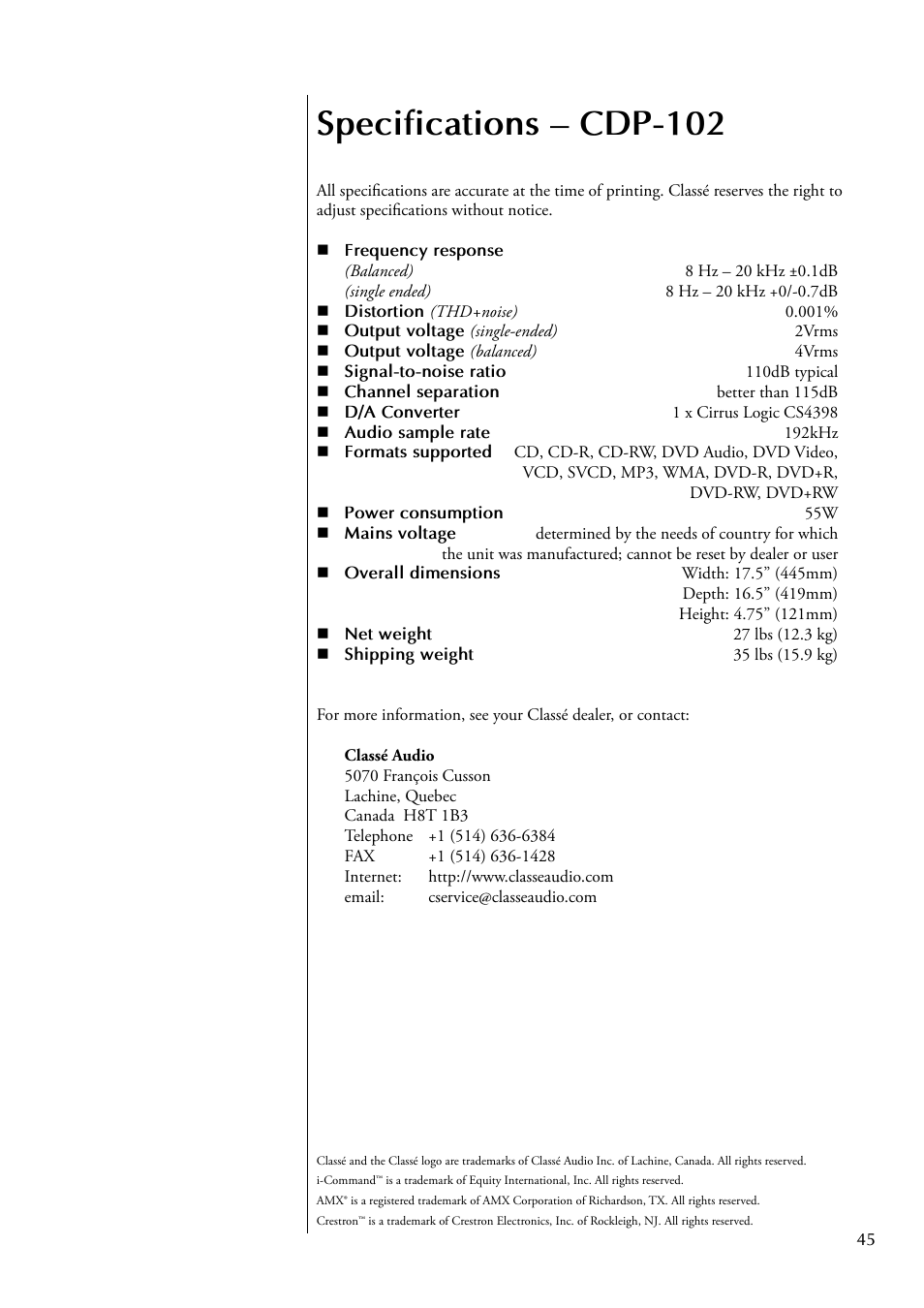 Specifications – cdp-102 | Classe Audio CDP-102 User Manual | Page 45 / 48