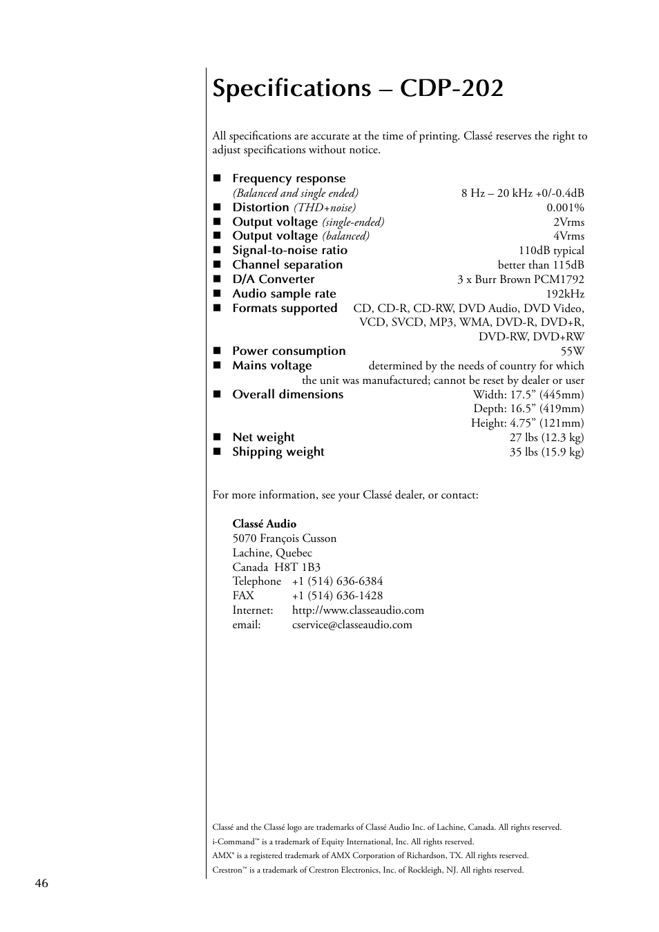 Specifications – cdp-202 | Classe Audio CDP-102 User Manual | Page 46 / 48