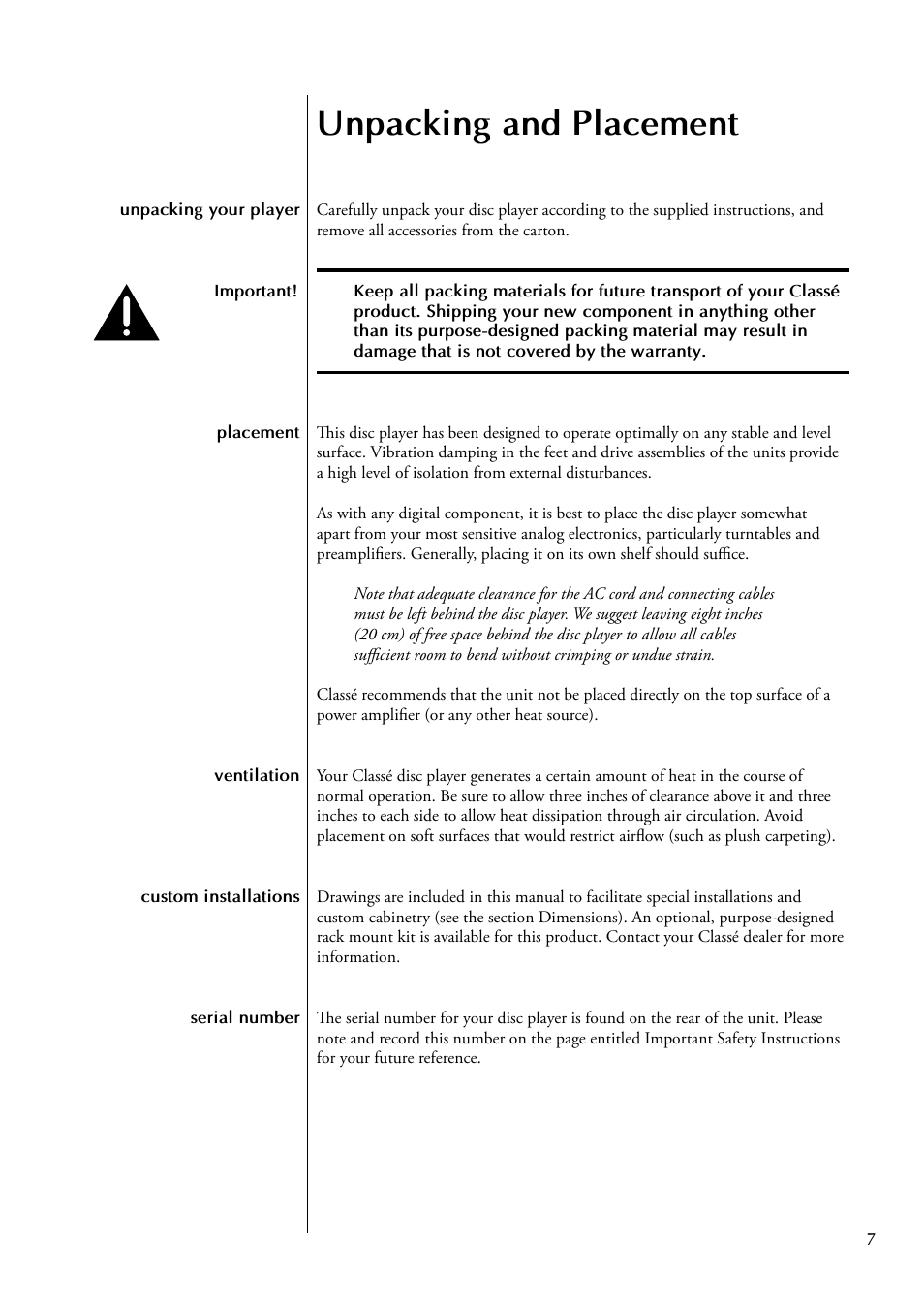 Unpacking and placement | Classe Audio CDP-102 User Manual | Page 7 / 48