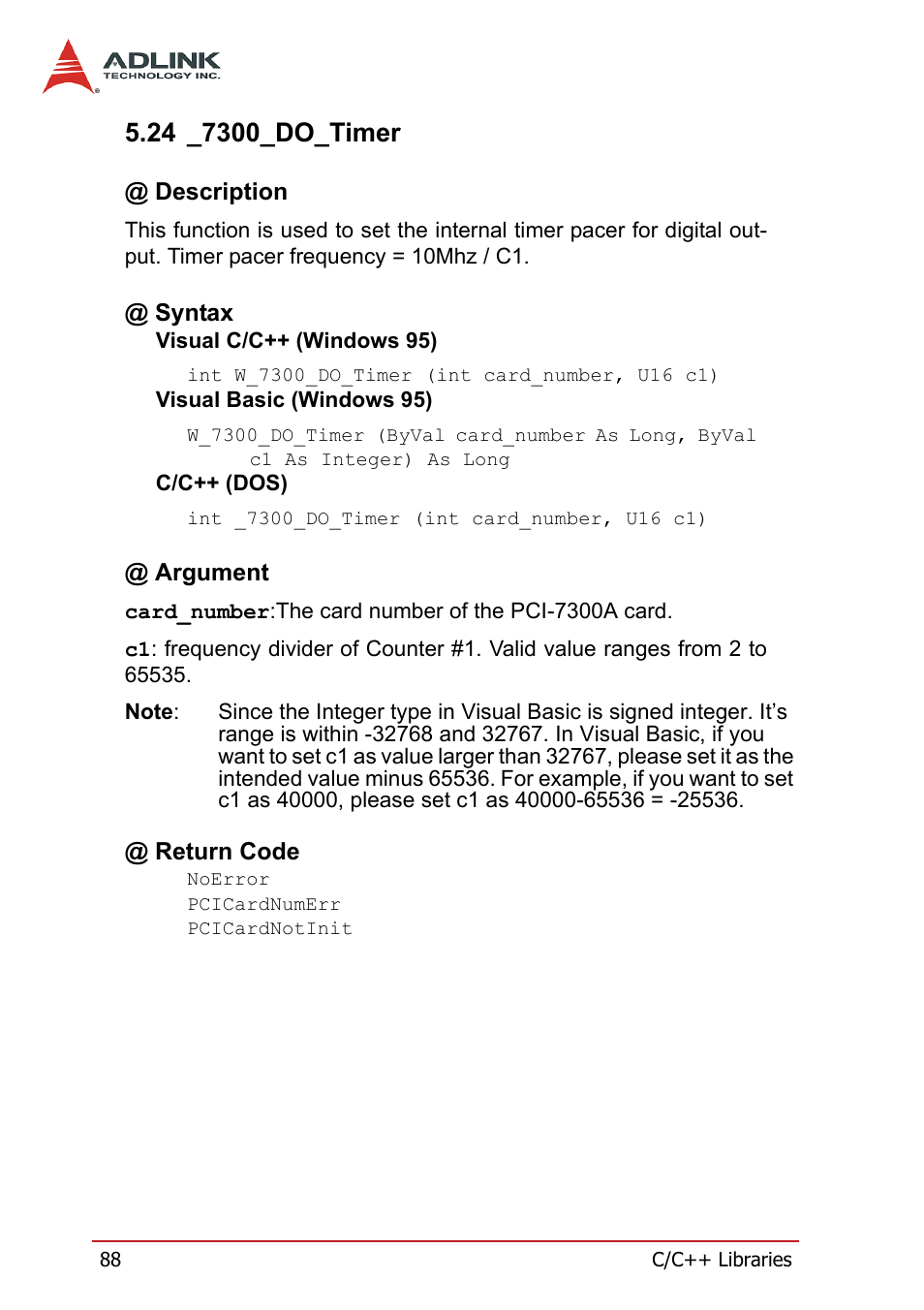 24 _7300_do_timer, Description, Syntax | Argument, Return code, Description @ syntax @ argument @ return code | ADLINK PCI-7300A User Manual | Page 100 / 112