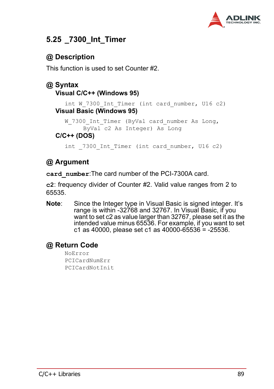 25 _7300_int_timer, Description, Syntax | Argument, Return code, Description @ syntax @ argument @ return code | ADLINK PCI-7300A User Manual | Page 101 / 112