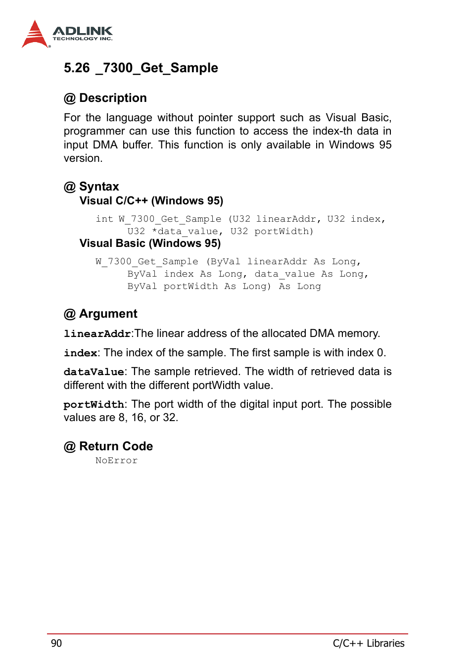 26 _7300_get_sample, Description, Syntax | Argument, Return code, Description @ syntax @ argument @ return code | ADLINK PCI-7300A User Manual | Page 102 / 112