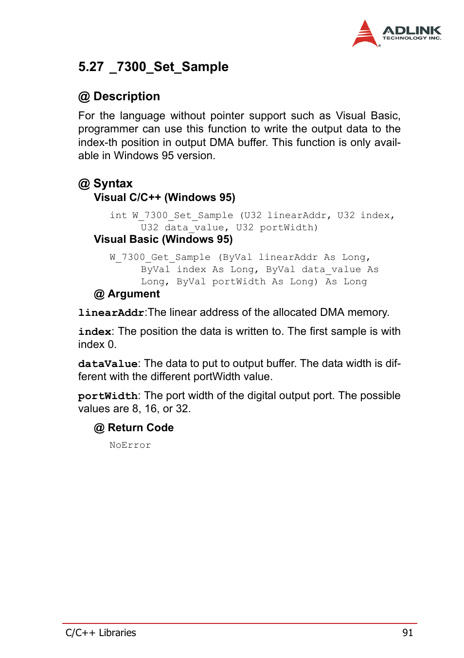 27 _7300_set_sample, Description, Syntax | Description @ syntax | ADLINK PCI-7300A User Manual | Page 103 / 112