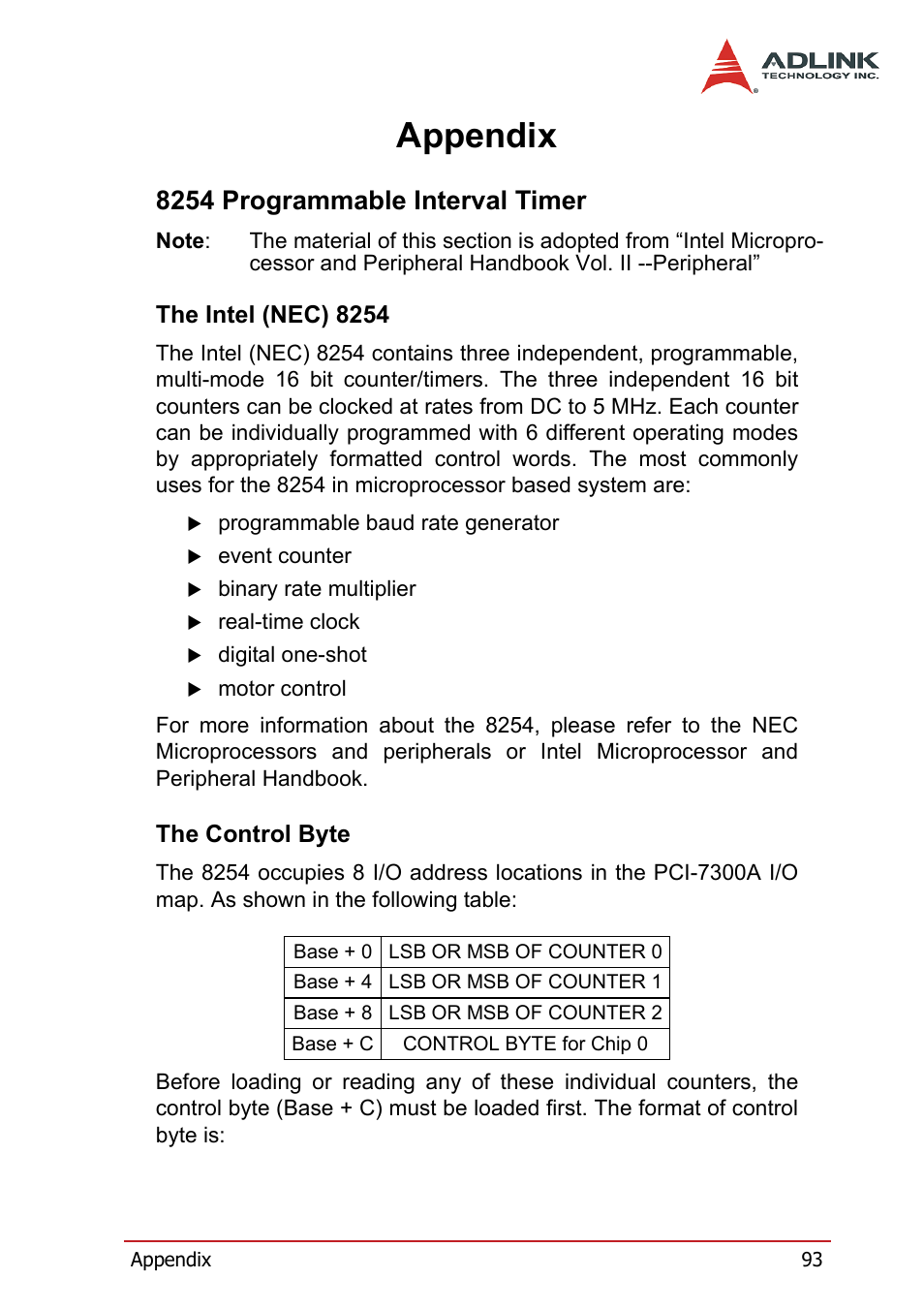 Appendix, The intel (nec) 8254, The control byte | The intel (nec) 8254 the control byte, 8254 programmable interval timer | ADLINK PCI-7300A User Manual | Page 105 / 112