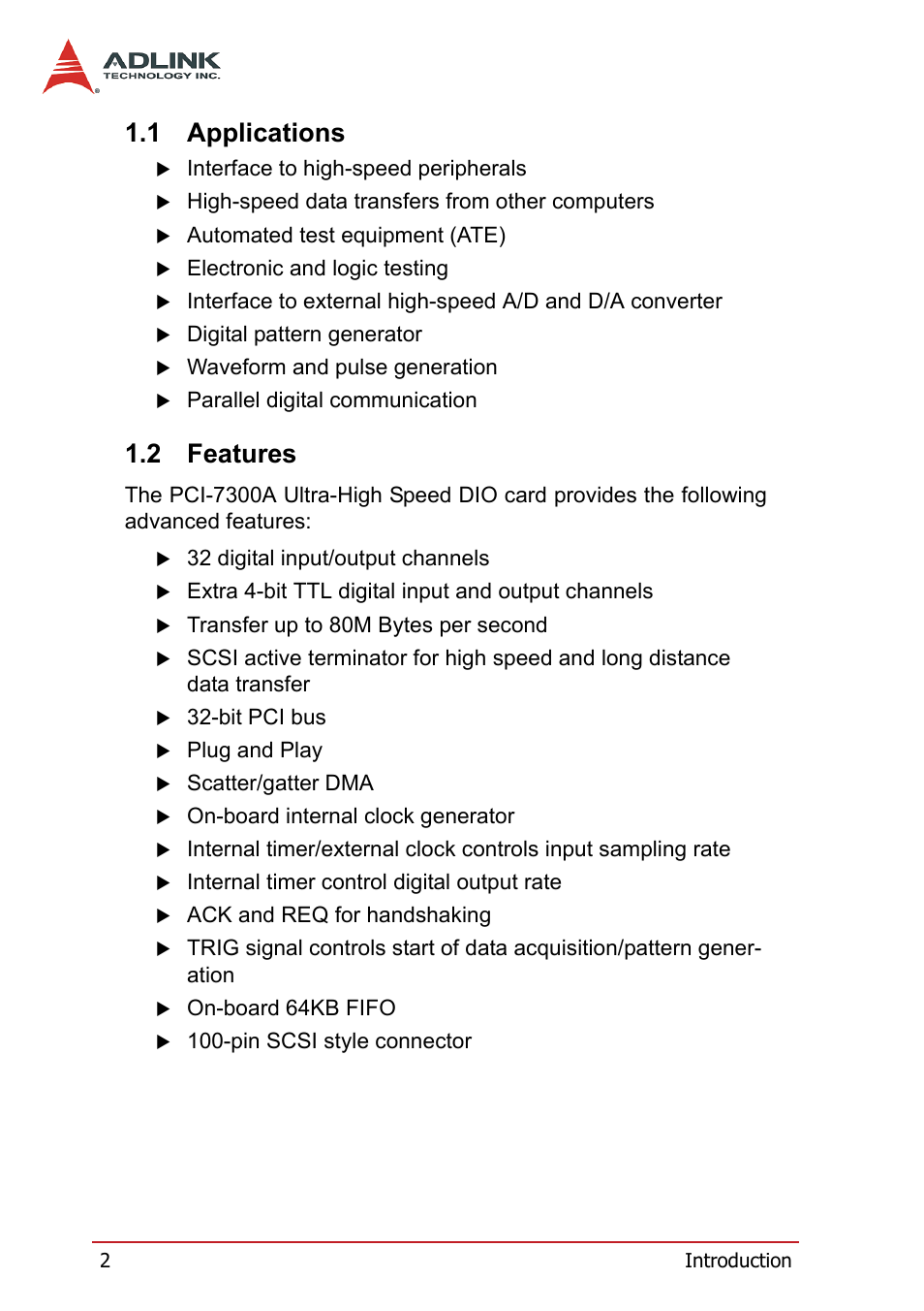 1 applications, 2 features, Applications | Features | ADLINK PCI-7300A User Manual | Page 14 / 112