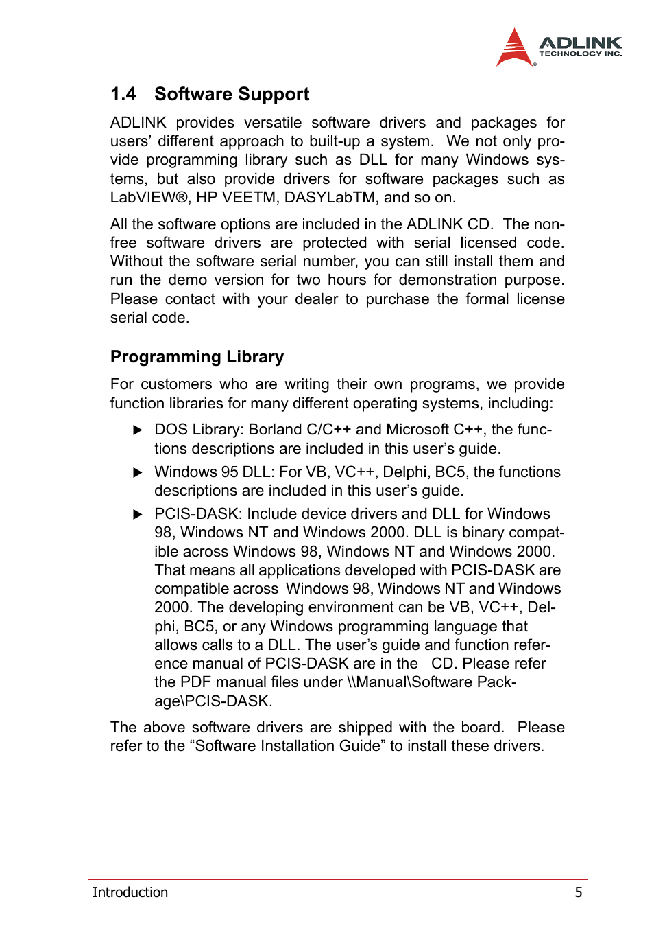 4 software support, Programming library, Software support | ADLINK PCI-7300A User Manual | Page 17 / 112