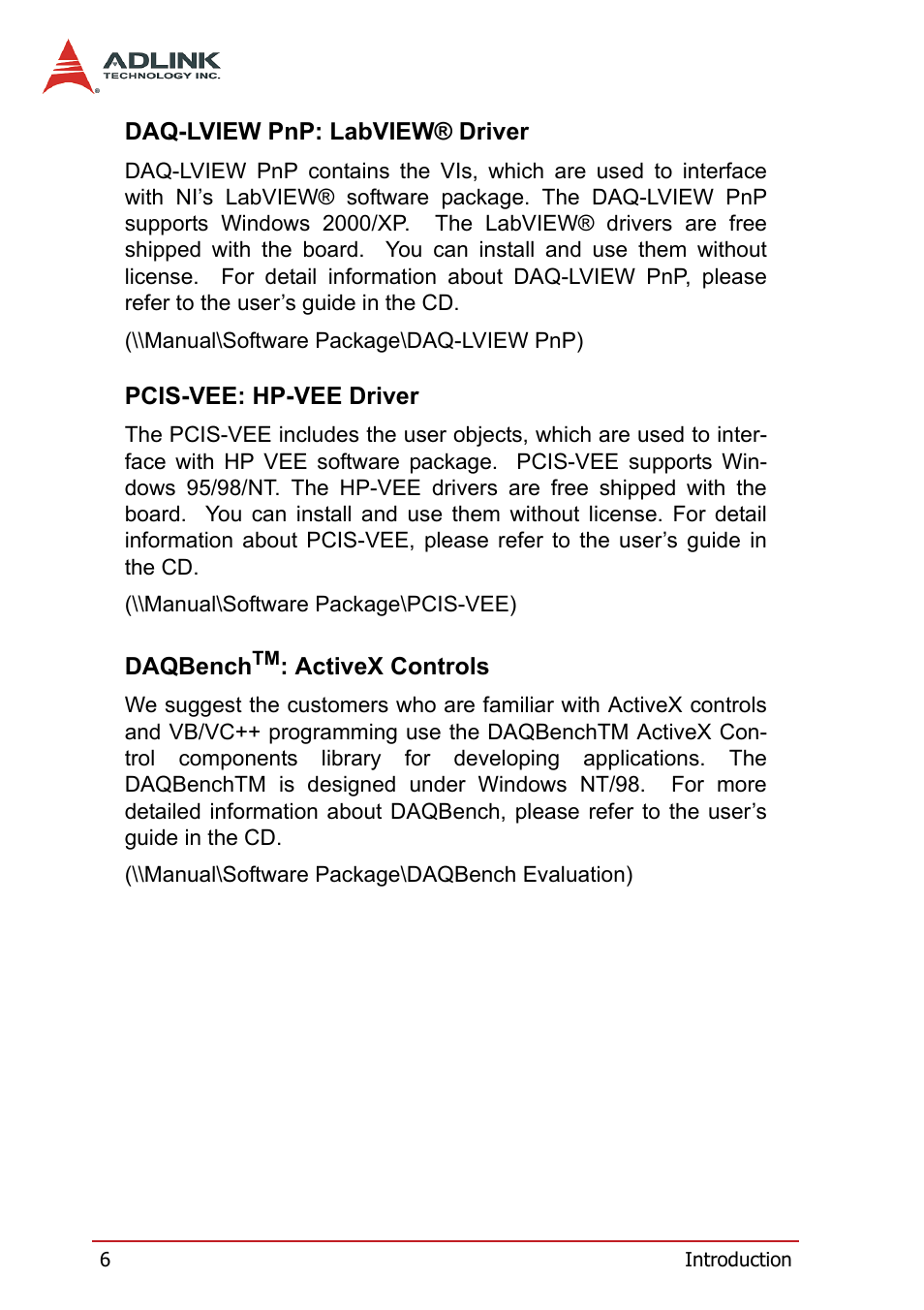 Daq-lview pnp: labview® driver, Pcis-vee: hp-vee driver, Daqbenchtm: activex controls | ADLINK PCI-7300A User Manual | Page 18 / 112