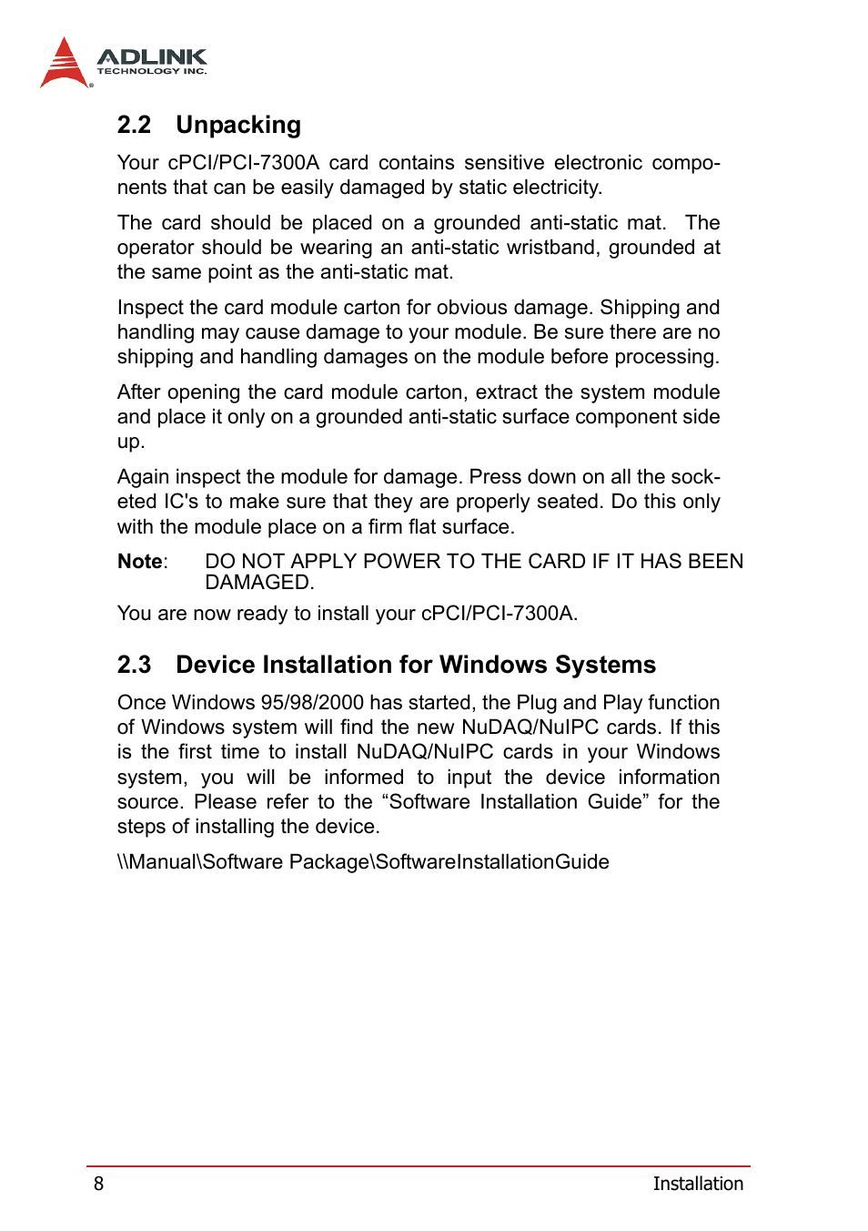 2 unpacking, 3 device installation for windows systems, Unpacking | Device installation for windows systems | ADLINK PCI-7300A User Manual | Page 20 / 112