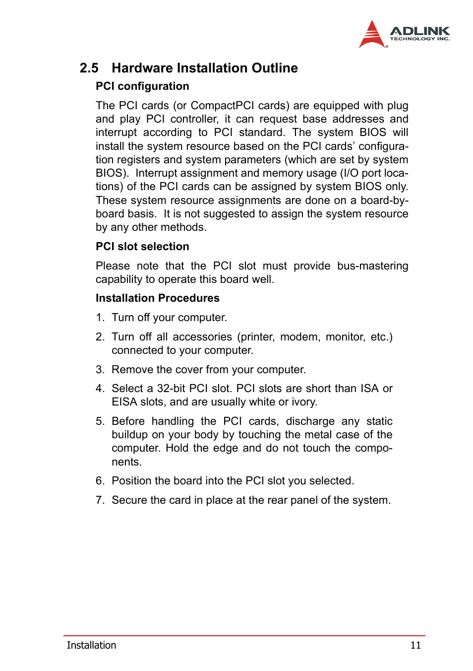 5 hardware installation outline, Hardware installation outline | ADLINK PCI-7300A User Manual | Page 23 / 112