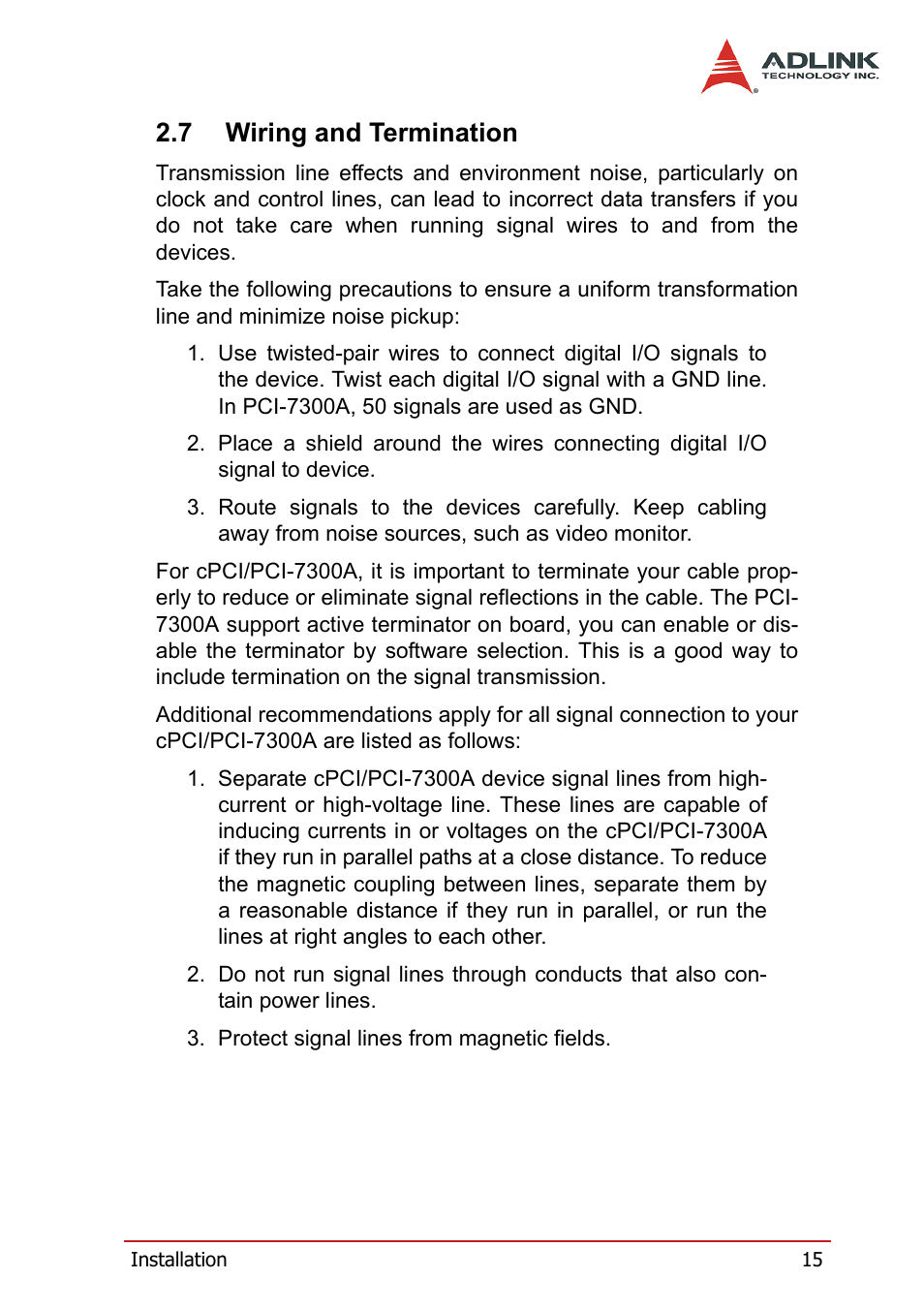 7 wiring and termination, Wiring and termination | ADLINK PCI-7300A User Manual | Page 27 / 112