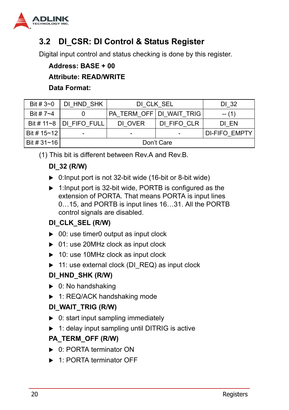 2 di_csr: di control & status register, Di_csr: di control & status register | ADLINK PCI-7300A User Manual | Page 32 / 112