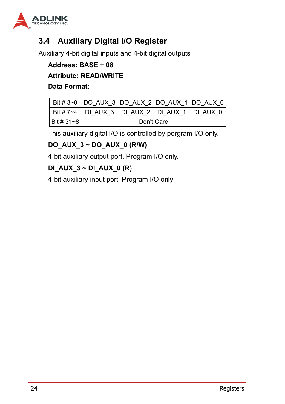 4 auxiliary digital i/o register, Auxiliary digital i/o register | ADLINK PCI-7300A User Manual | Page 36 / 112