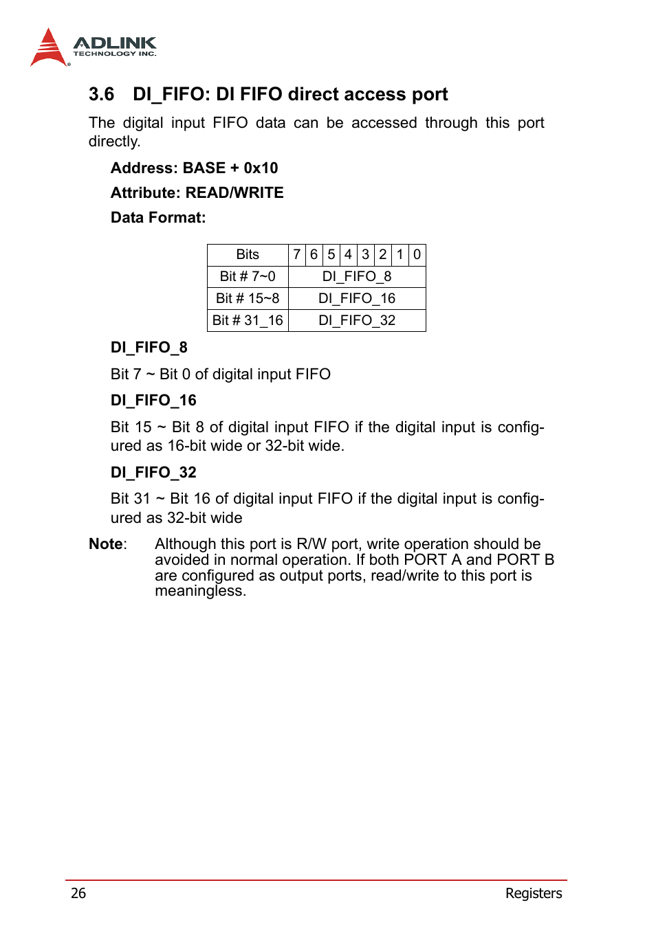 6 di_fifo: di fifo direct access port, Di_fifo: di fifo direct access port | ADLINK PCI-7300A User Manual | Page 38 / 112