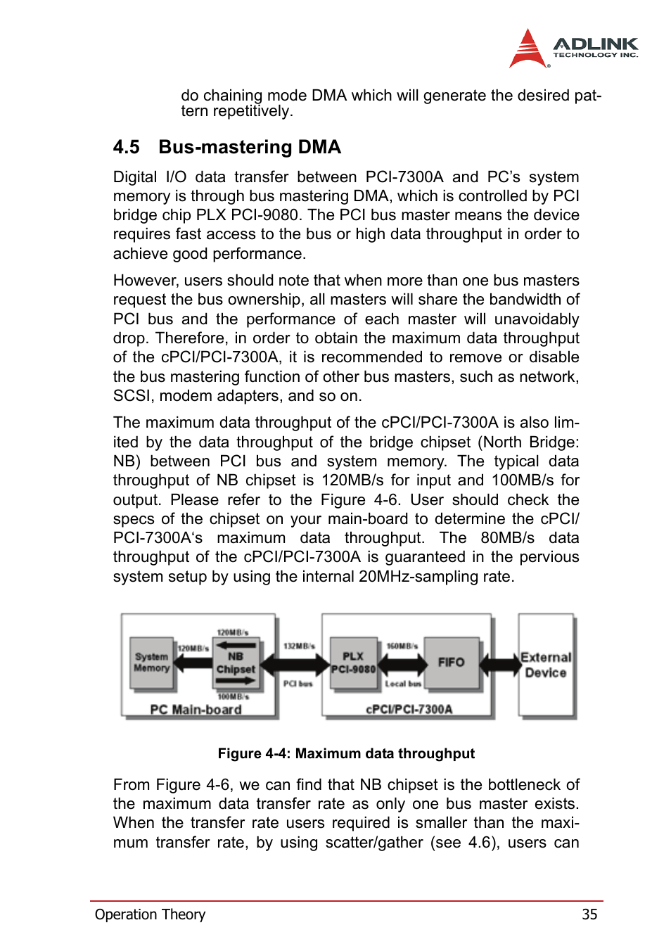5 bus-mastering dma, Bus-mastering dma, Figure 4-4: maximum data throughput | ADLINK PCI-7300A User Manual | Page 47 / 112