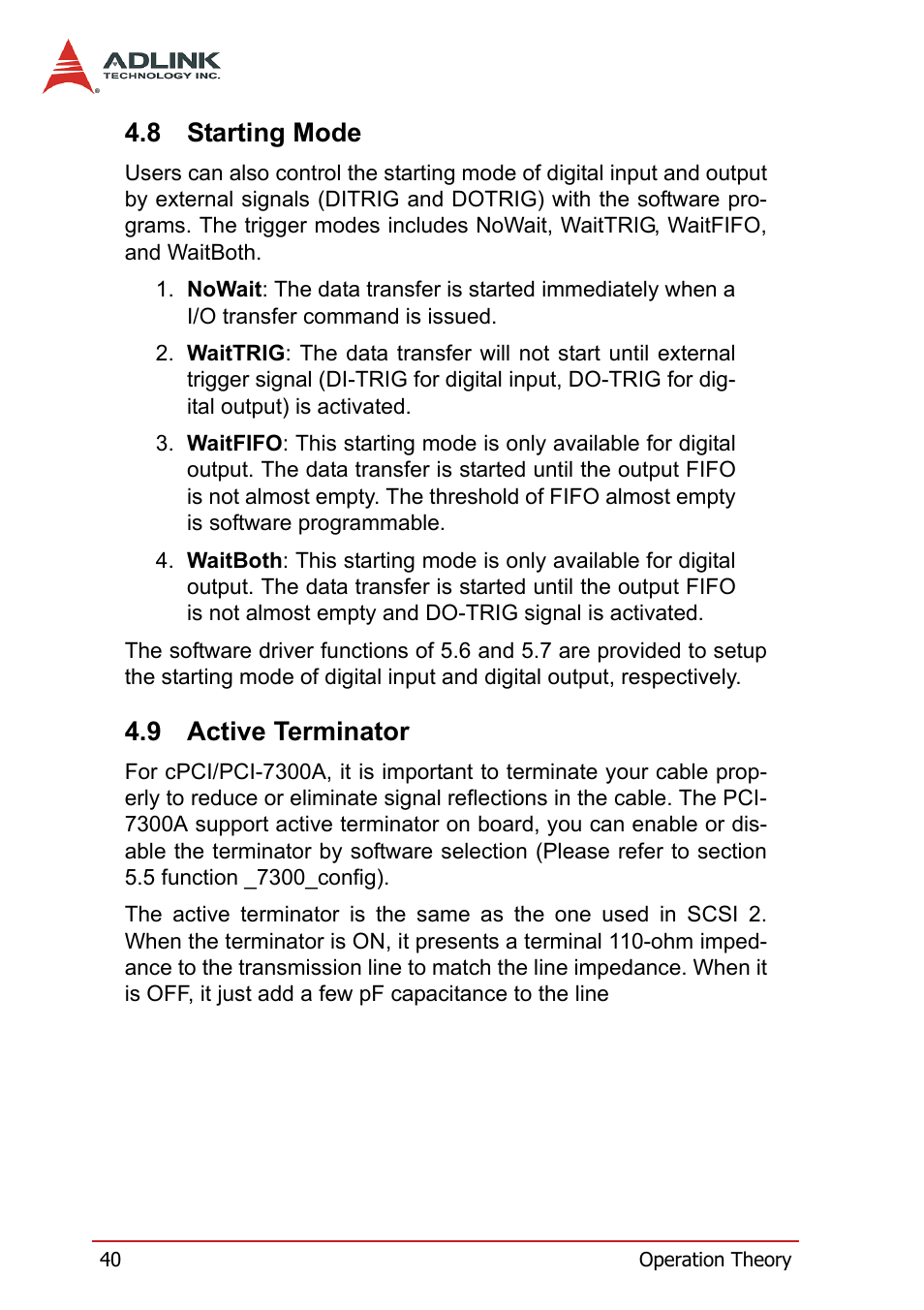 8 starting mode, 9 active terminator, Starting mode | Active terminator | ADLINK PCI-7300A User Manual | Page 52 / 112