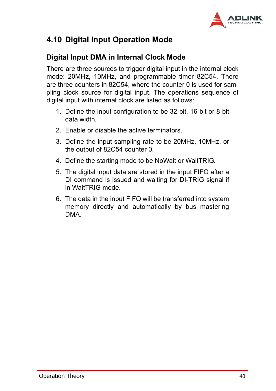 10 digital input operation mode, Digital input dma in internal clock mode | ADLINK PCI-7300A User Manual | Page 53 / 112