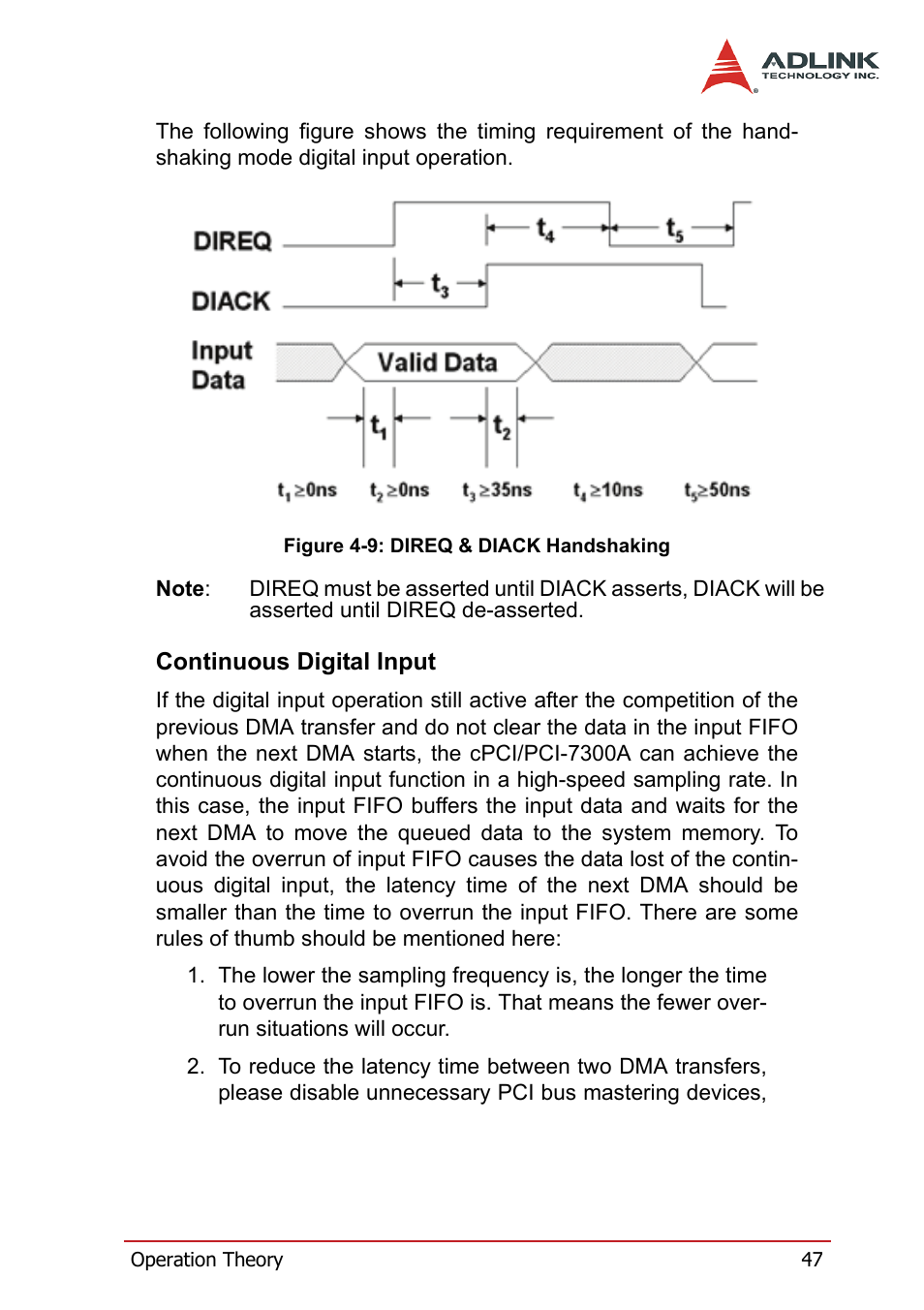 Continuous digital input, Figure 4-9: direq & diack handshaking | ADLINK PCI-7300A User Manual | Page 59 / 112