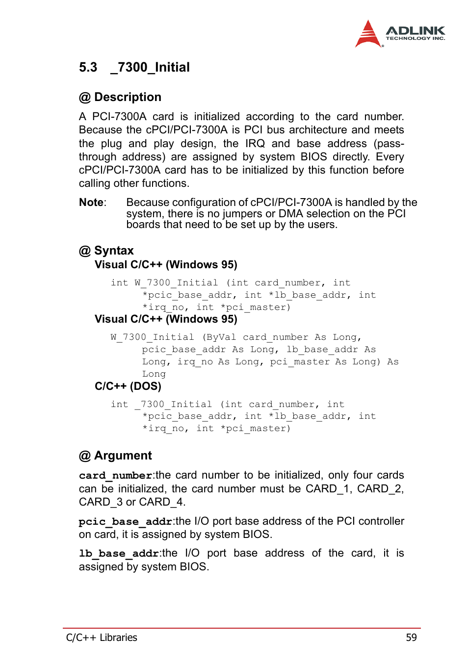 3 _7300_initial, Description, Syntax | Argument, 7300_initial, Description @ syntax @ argument | ADLINK PCI-7300A User Manual | Page 71 / 112