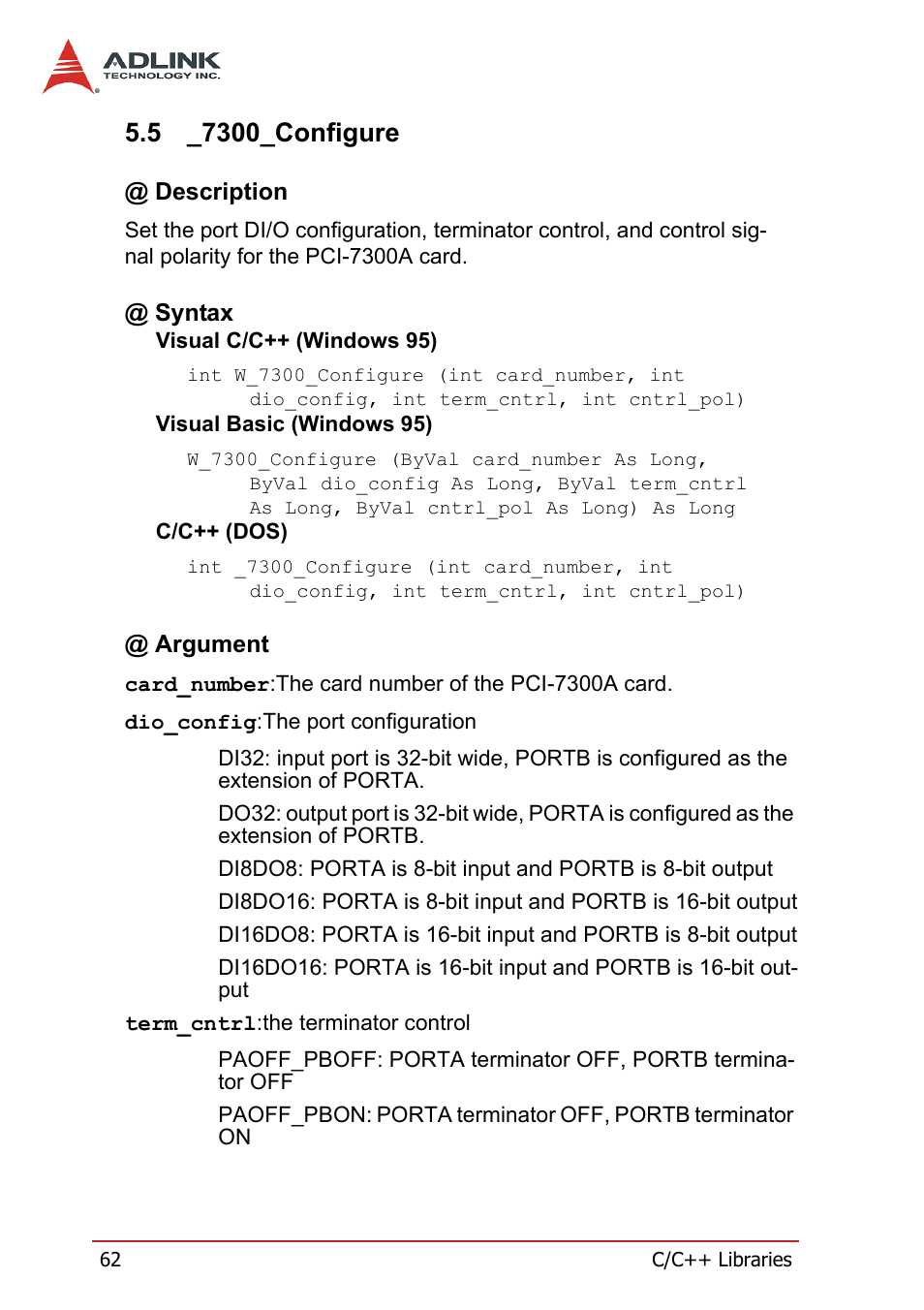 5 _7300_configure, Description, Syntax | Argument, 7300_configure, Description @ syntax @ argument | ADLINK PCI-7300A User Manual | Page 74 / 112