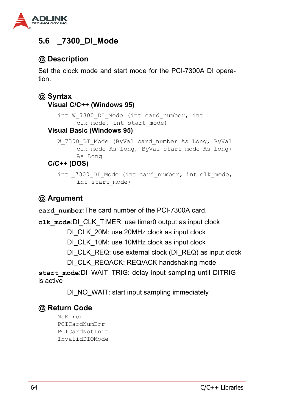 6 _7300_di_mode, Description, Syntax | Argument, Return code, 7300_di_mode, Description @ syntax @ argument @ return code | ADLINK PCI-7300A User Manual | Page 76 / 112