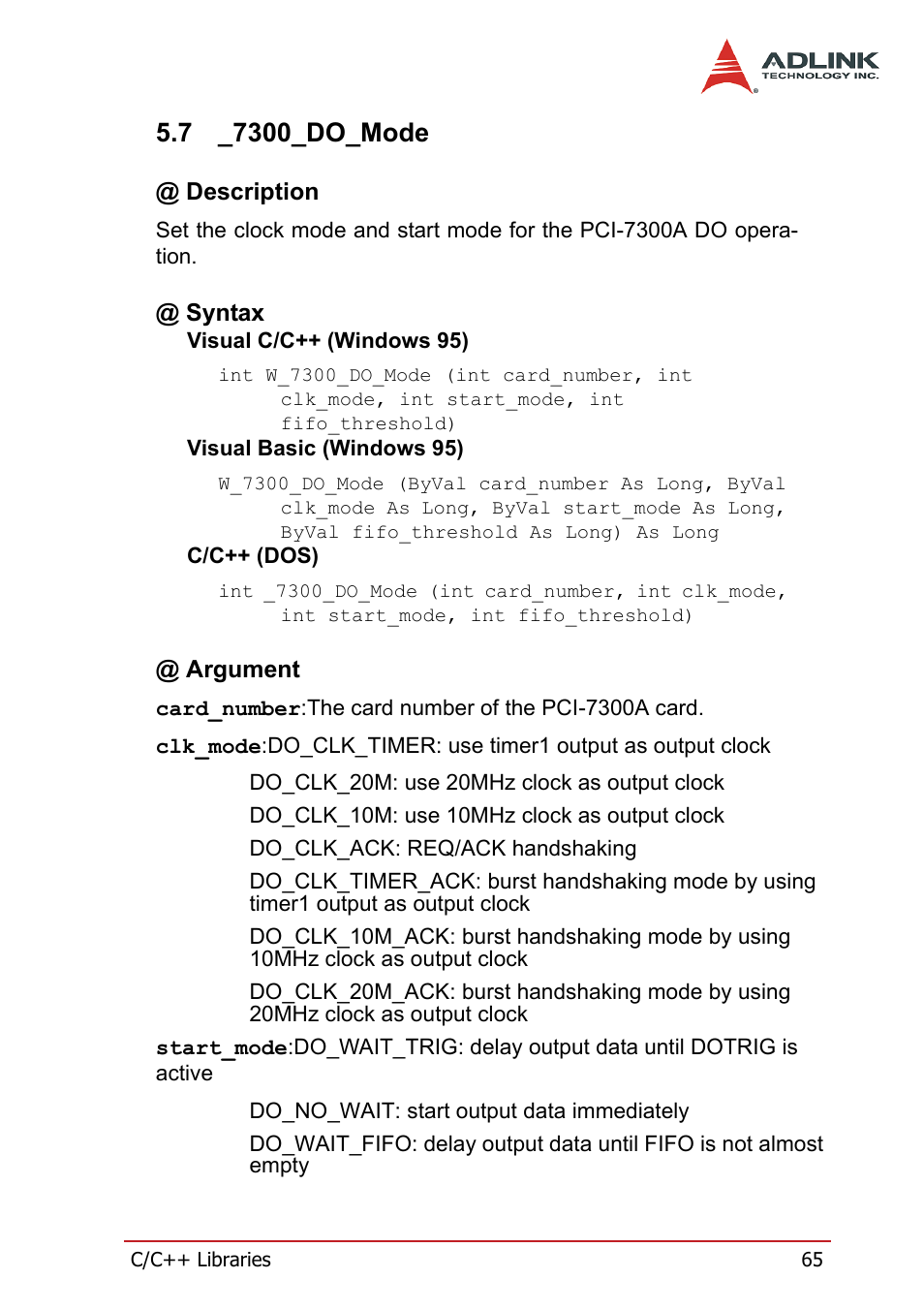 7 _7300_do_mode, Description, Syntax | Argument, 7300_do_mode, Description @ syntax @ argument | ADLINK PCI-7300A User Manual | Page 77 / 112