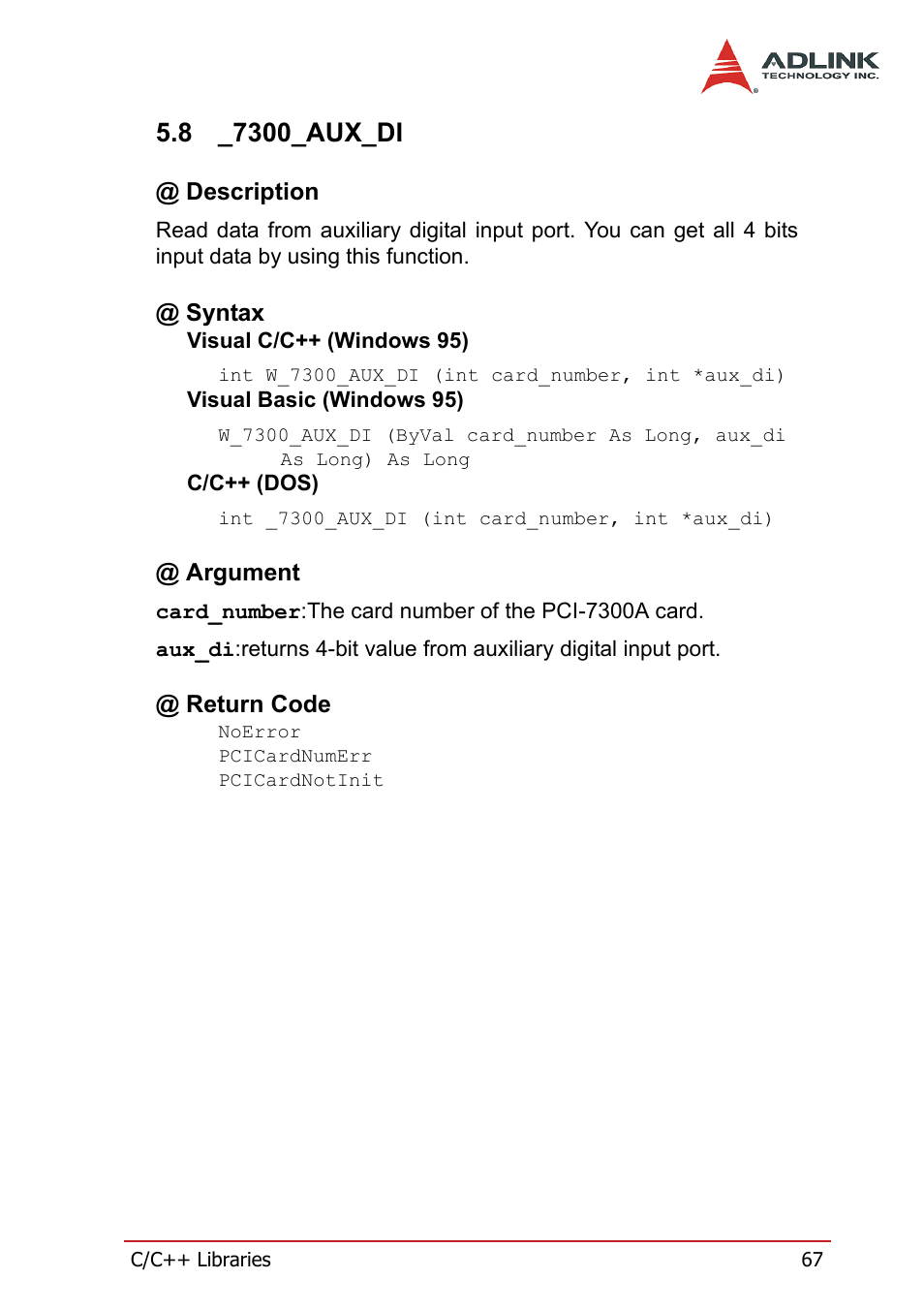 8 _7300_aux_di, Description, Syntax | Argument, Return code, 7300_aux_di, Description @ syntax @ argument @ return code | ADLINK PCI-7300A User Manual | Page 79 / 112