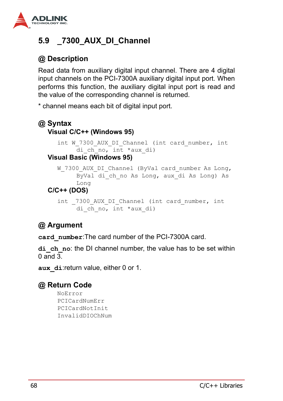 9 _7300_aux_di_channel, Description, Syntax | Argument, Return code, 7300_aux_di_channel, Description @ syntax @ argument @ return code | ADLINK PCI-7300A User Manual | Page 80 / 112