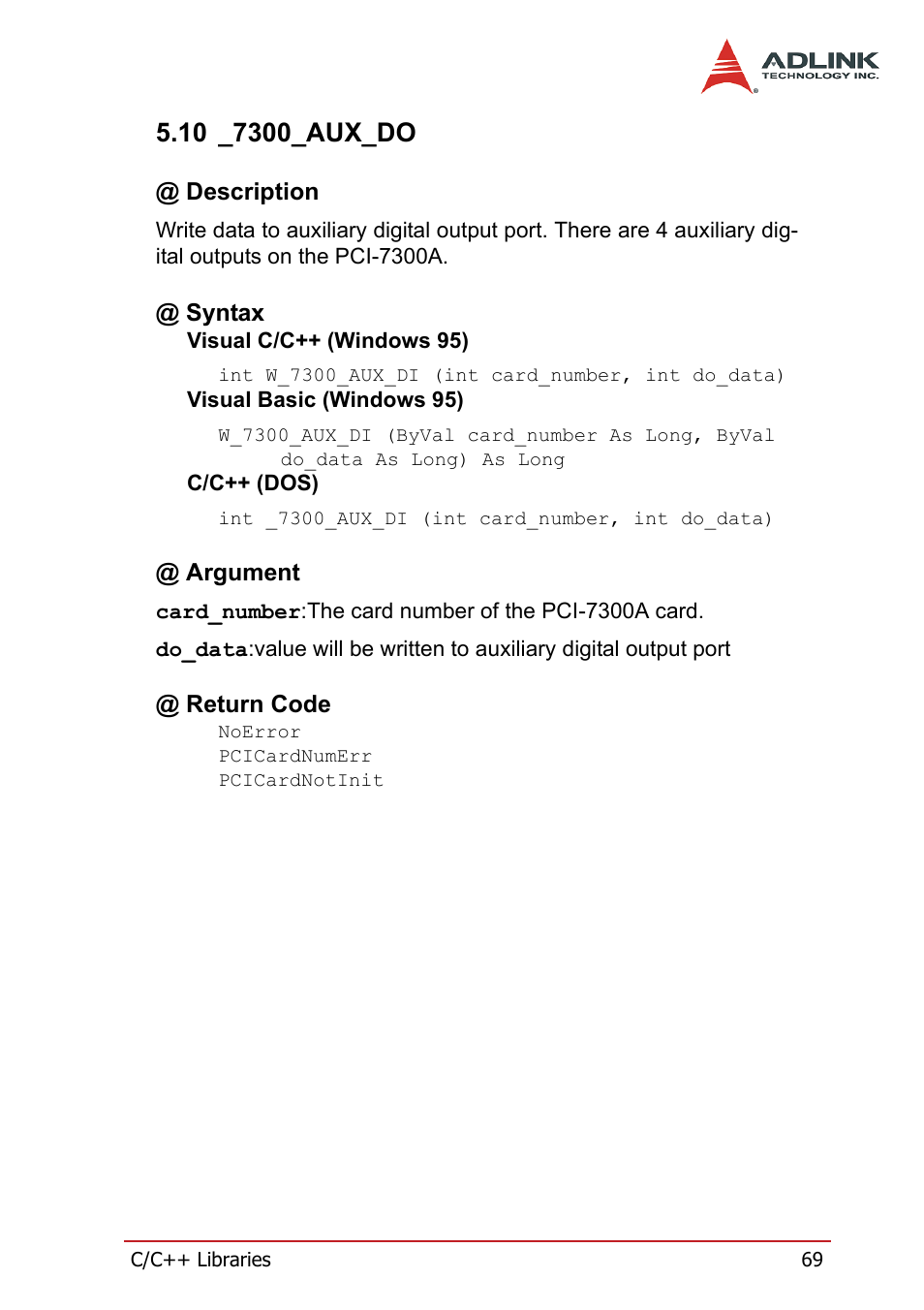 10 _7300_aux_do, Description, Syntax | Argument, Return code, Description @ syntax @ argument @ return code | ADLINK PCI-7300A User Manual | Page 81 / 112