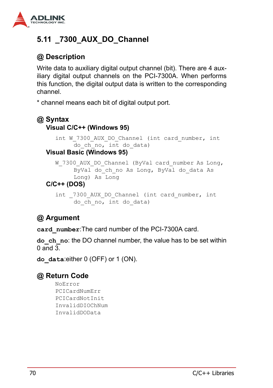 11 _7300_aux_do_channel, Description, Syntax | Argument, Return code, Description @ syntax @ argument @ return code | ADLINK PCI-7300A User Manual | Page 82 / 112