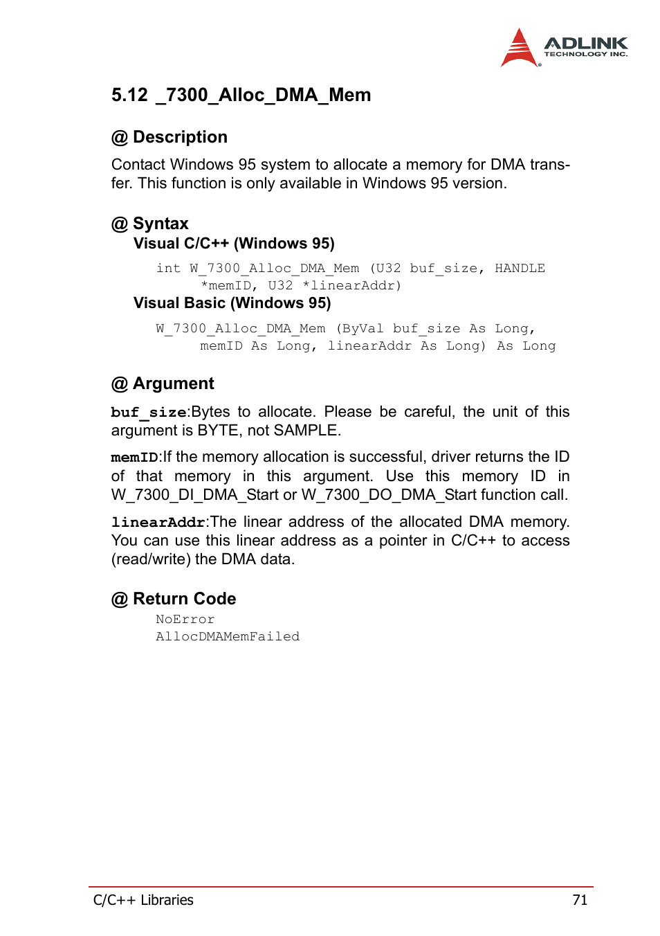 12 _7300_alloc_dma_mem, Description, Syntax | Argument, Return code, Description @ syntax @ argument @ return code | ADLINK PCI-7300A User Manual | Page 83 / 112