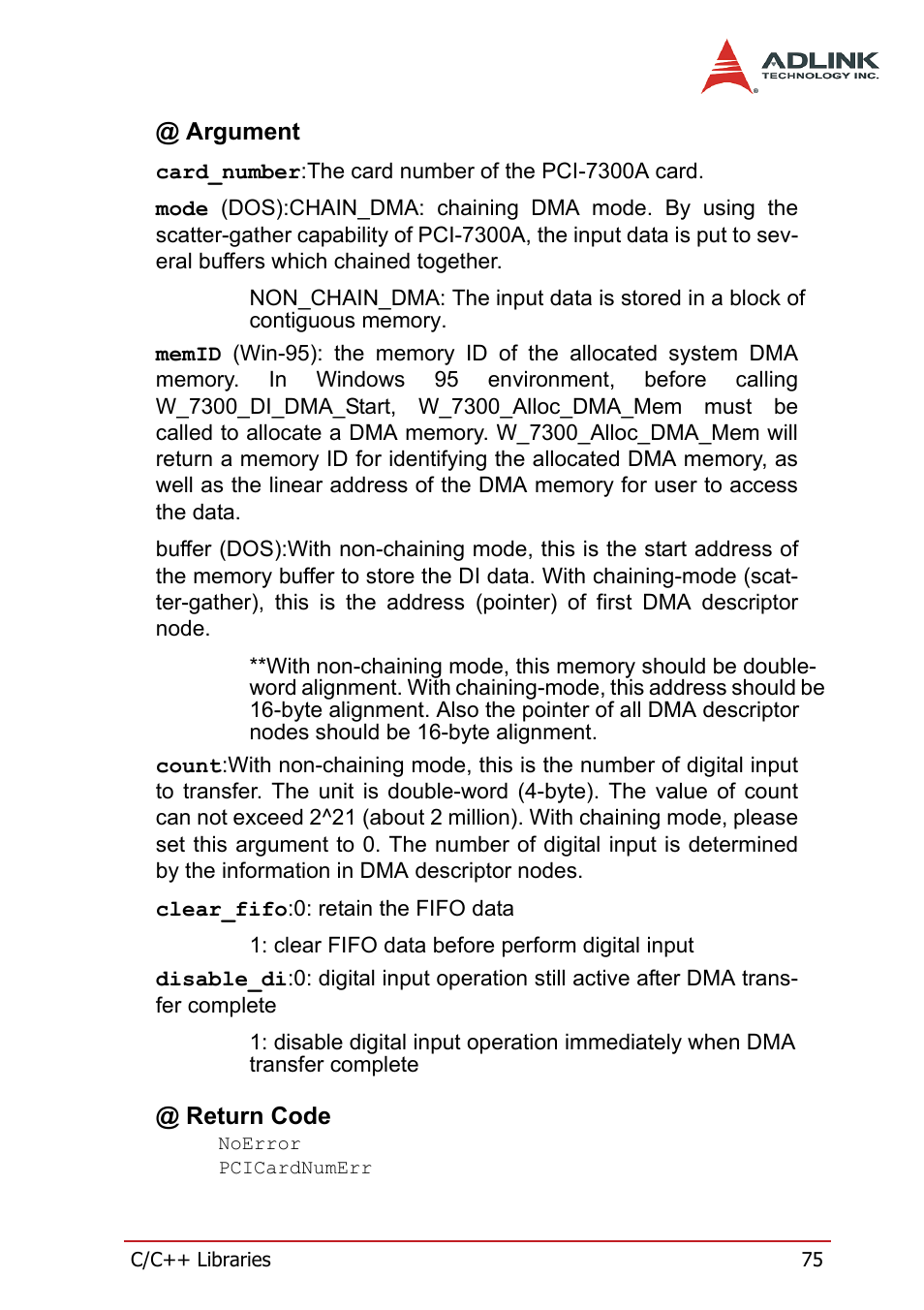 Argument, Return code, Argument @ return code | ADLINK PCI-7300A User Manual | Page 87 / 112