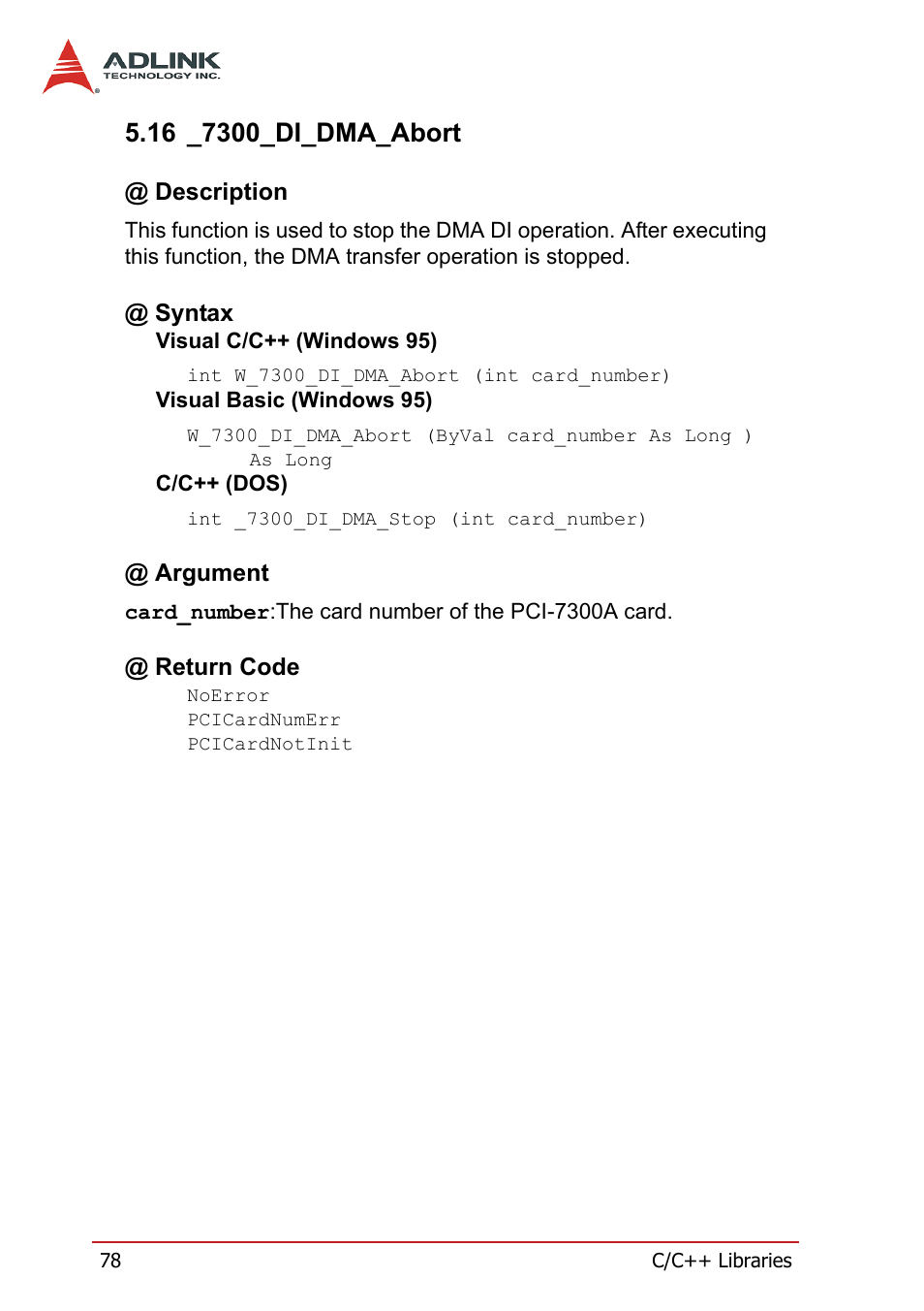 16 _7300_di_dma_abort, Description, Syntax | Argument, Return code, Description @ syntax @ argument @ return code | ADLINK PCI-7300A User Manual | Page 90 / 112