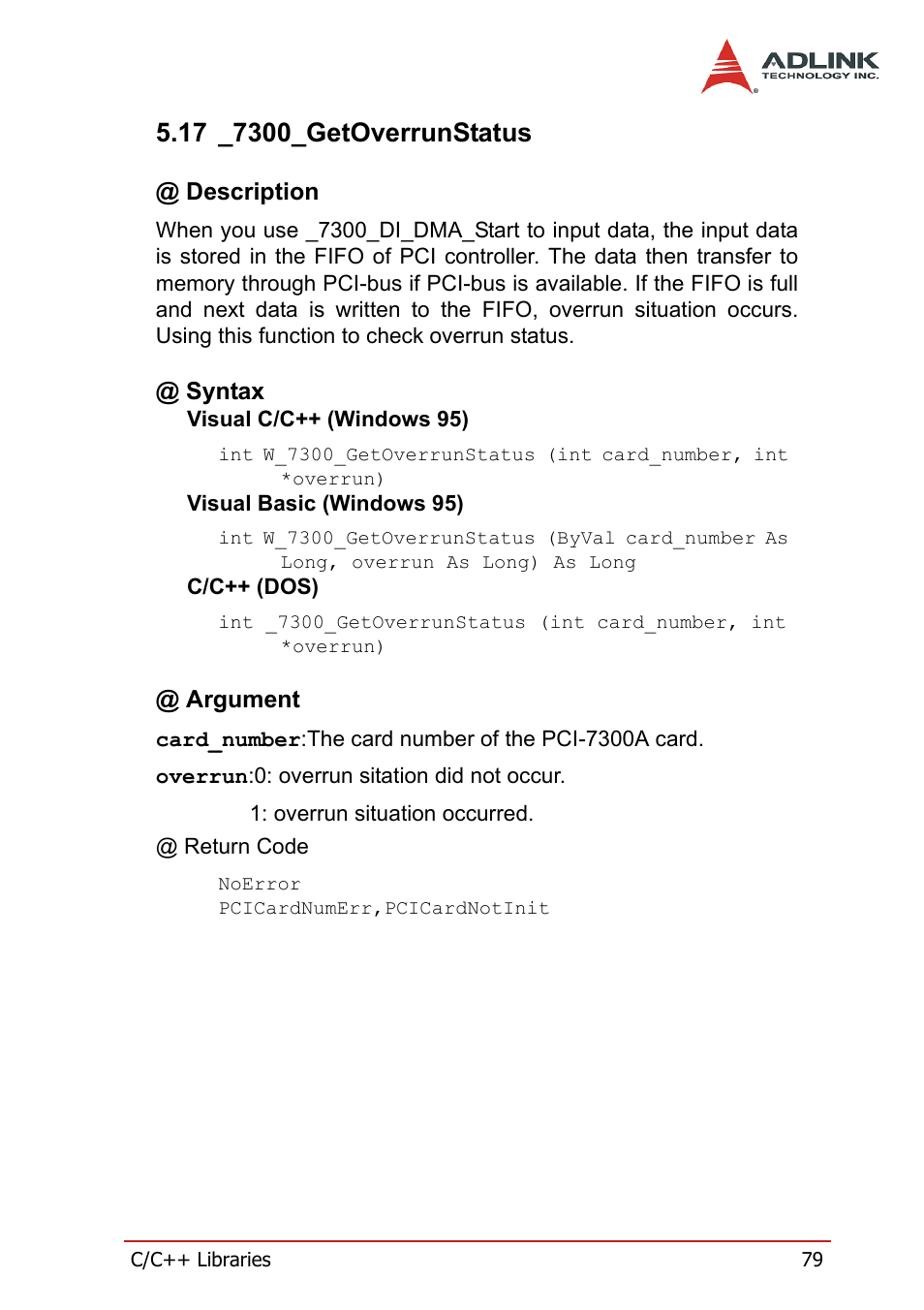 17 _7300_getoverrunstatus, Description, Syntax | Argument, Description @ syntax @ argument | ADLINK PCI-7300A User Manual | Page 91 / 112