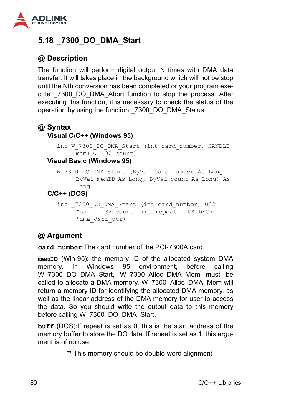 18 _7300_do_dma_start, Description, Syntax | Argument, Description @ syntax @ argument | ADLINK PCI-7300A User Manual | Page 92 / 112