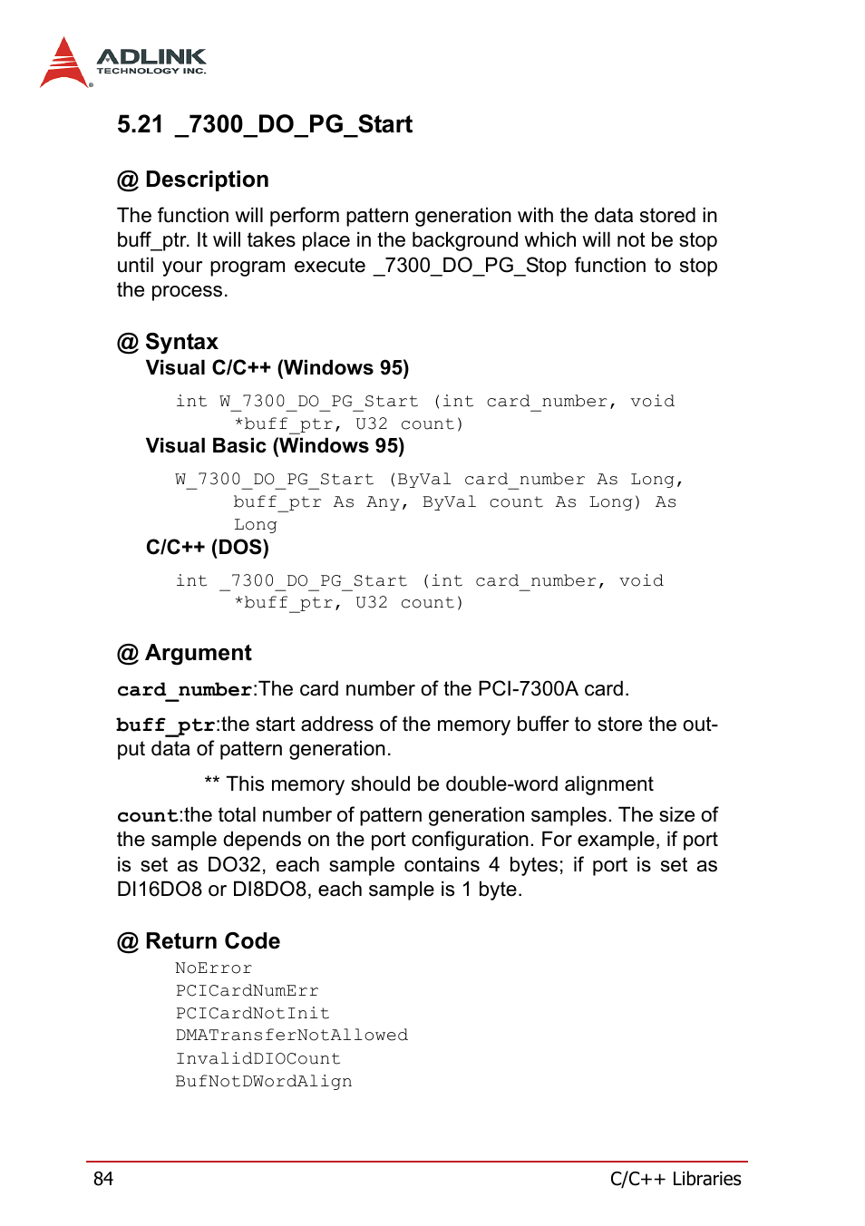 21 _7300_do_pg_start, Description, Syntax | Argument, Return code, Description @ syntax, Argument @ return code | ADLINK PCI-7300A User Manual | Page 96 / 112