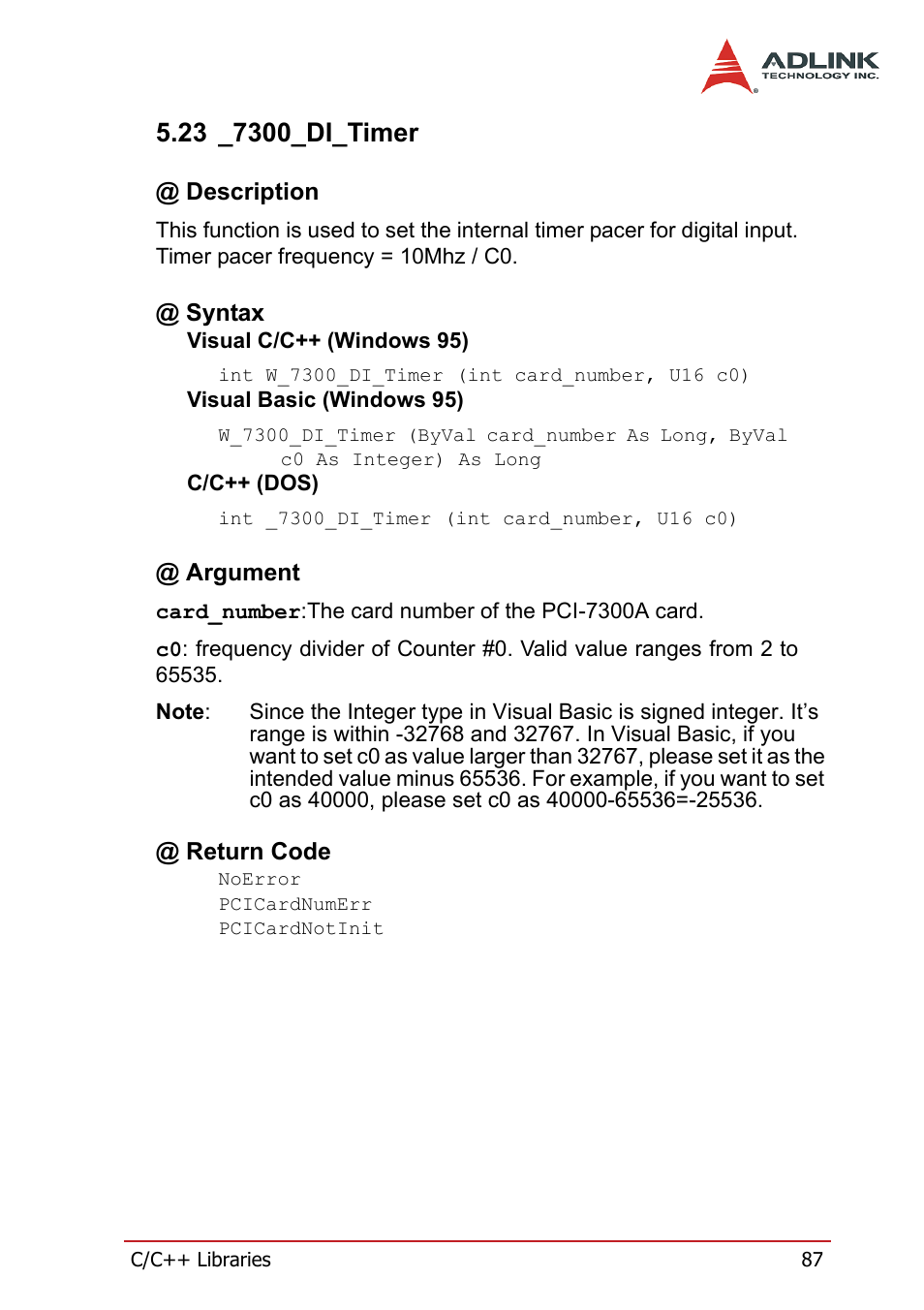 23 _7300_di_timer, Description, Syntax | Argument, Return code, Description @ syntax @ argument @ return code | ADLINK PCI-7300A User Manual | Page 99 / 112