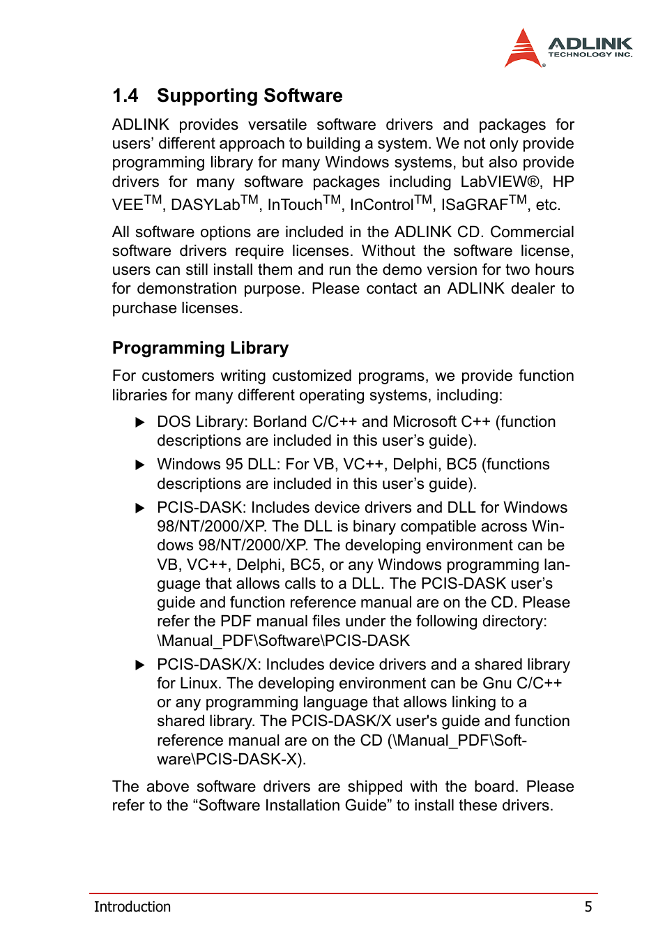4 supporting software, Programming library, Supporting software | ADLINK PCI-7200 User Manual | Page 17 / 96