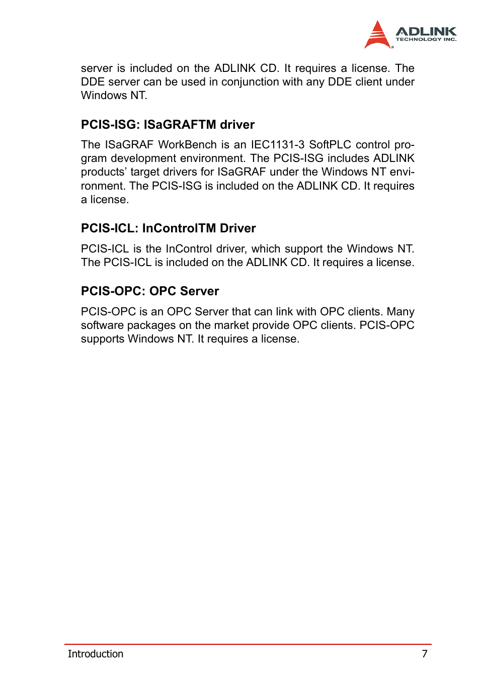 Pcis-isg: isagraftm driver, Pcis-icl: incontroltm driver, Pcis-opc: opc server | ADLINK PCI-7200 User Manual | Page 19 / 96
