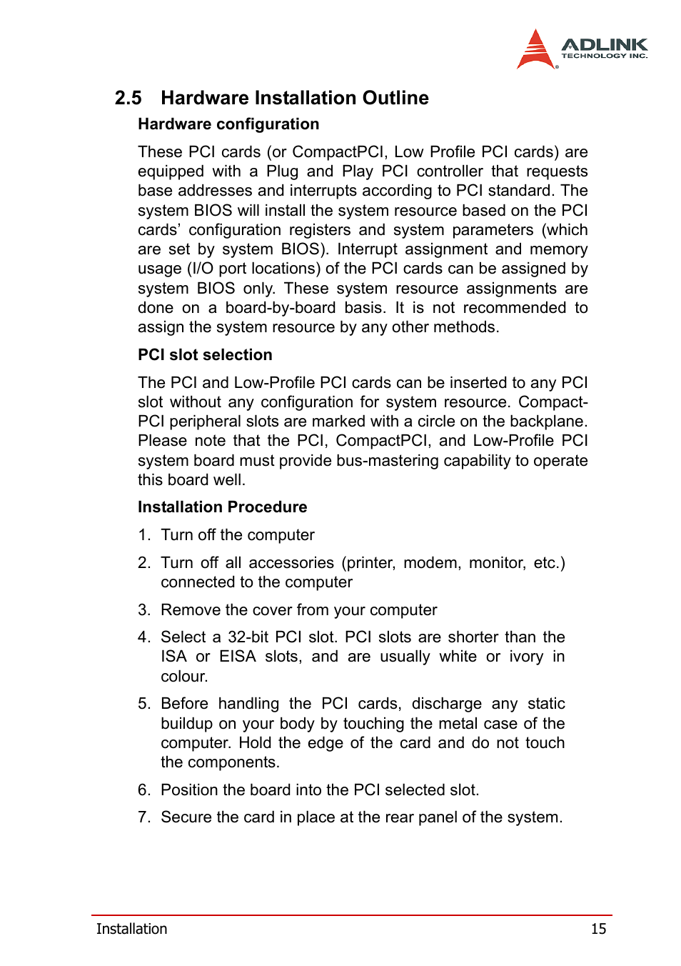 5 hardware installation outline, Hardware installation outline | ADLINK PCI-7200 User Manual | Page 27 / 96