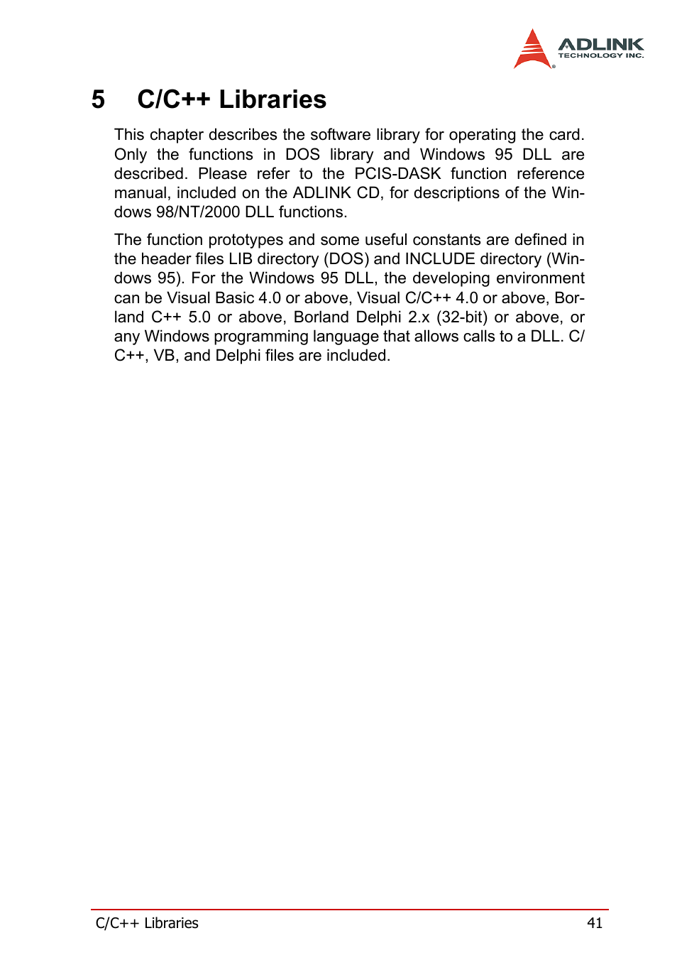 5 c/c++ libraries, 5c/c++ libraries | ADLINK PCI-7200 User Manual | Page 53 / 96