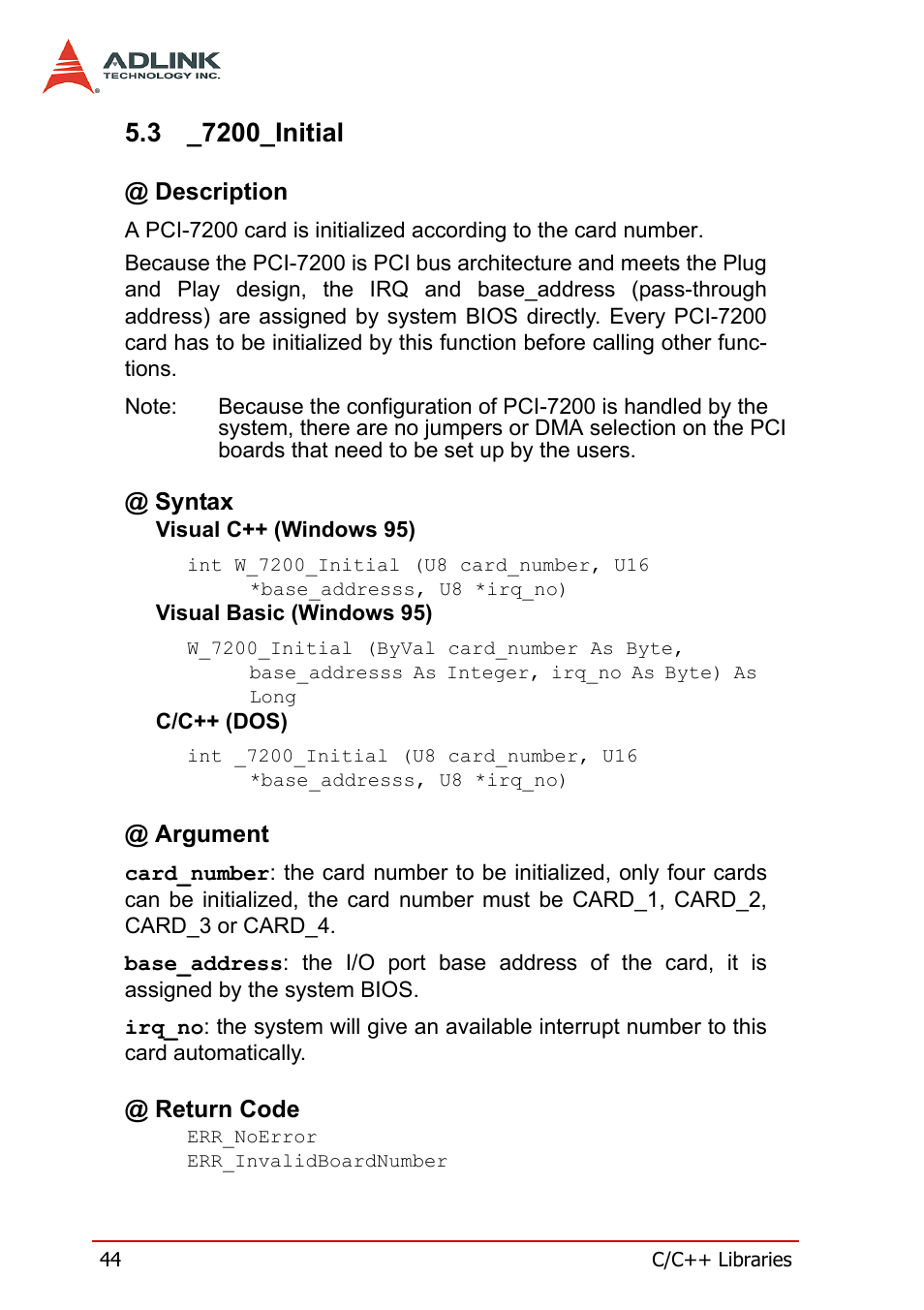 3 _7200_initial, Description, Syntax | Argument, Return code, 7200_initial, Description @ syntax @ argument @ return code | ADLINK PCI-7200 User Manual | Page 56 / 96