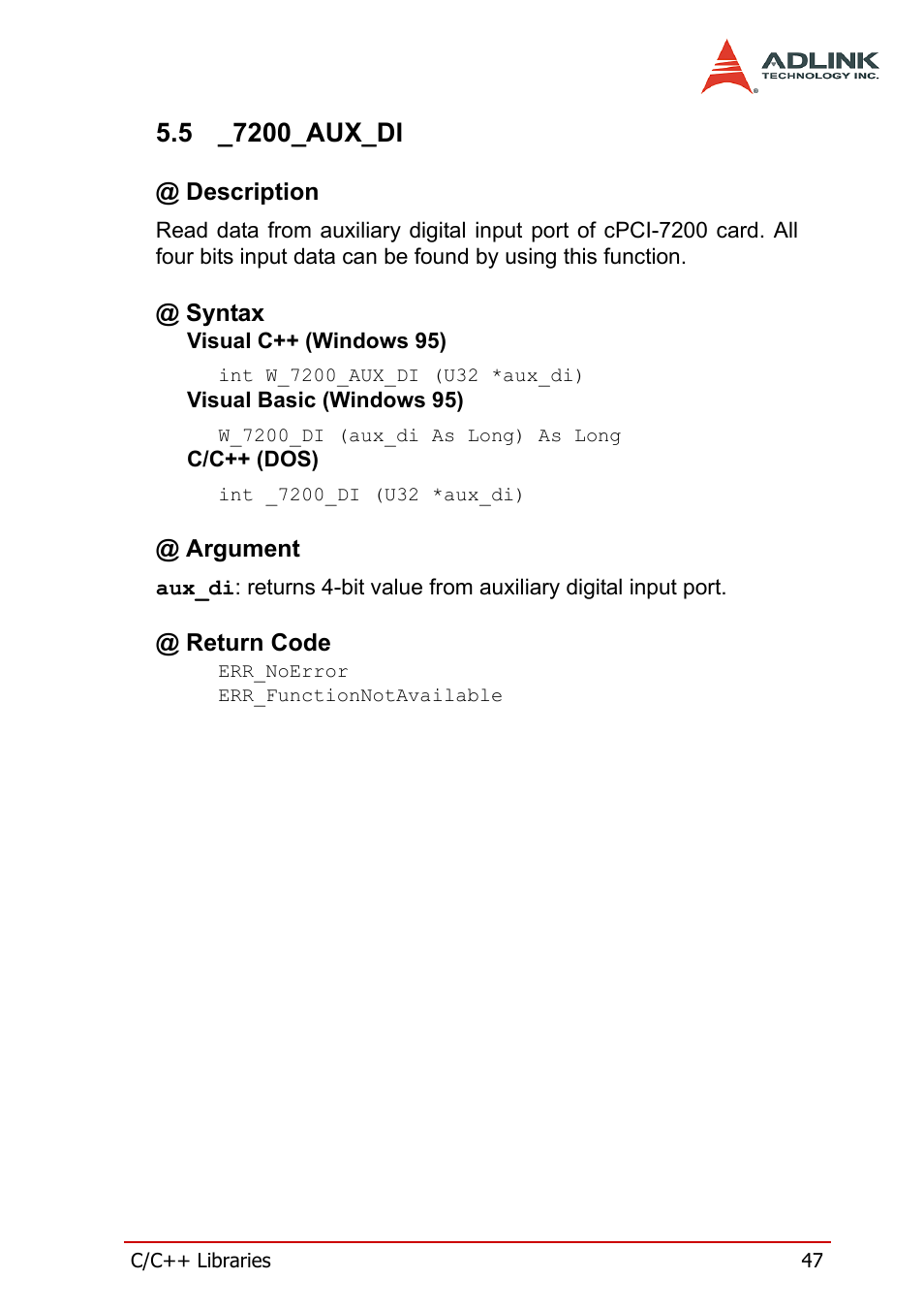 5 _7200_aux_di, Description, Syntax | Argument, Return code, 7200_aux_di, Description @ syntax @ argument @ return code | ADLINK PCI-7200 User Manual | Page 59 / 96