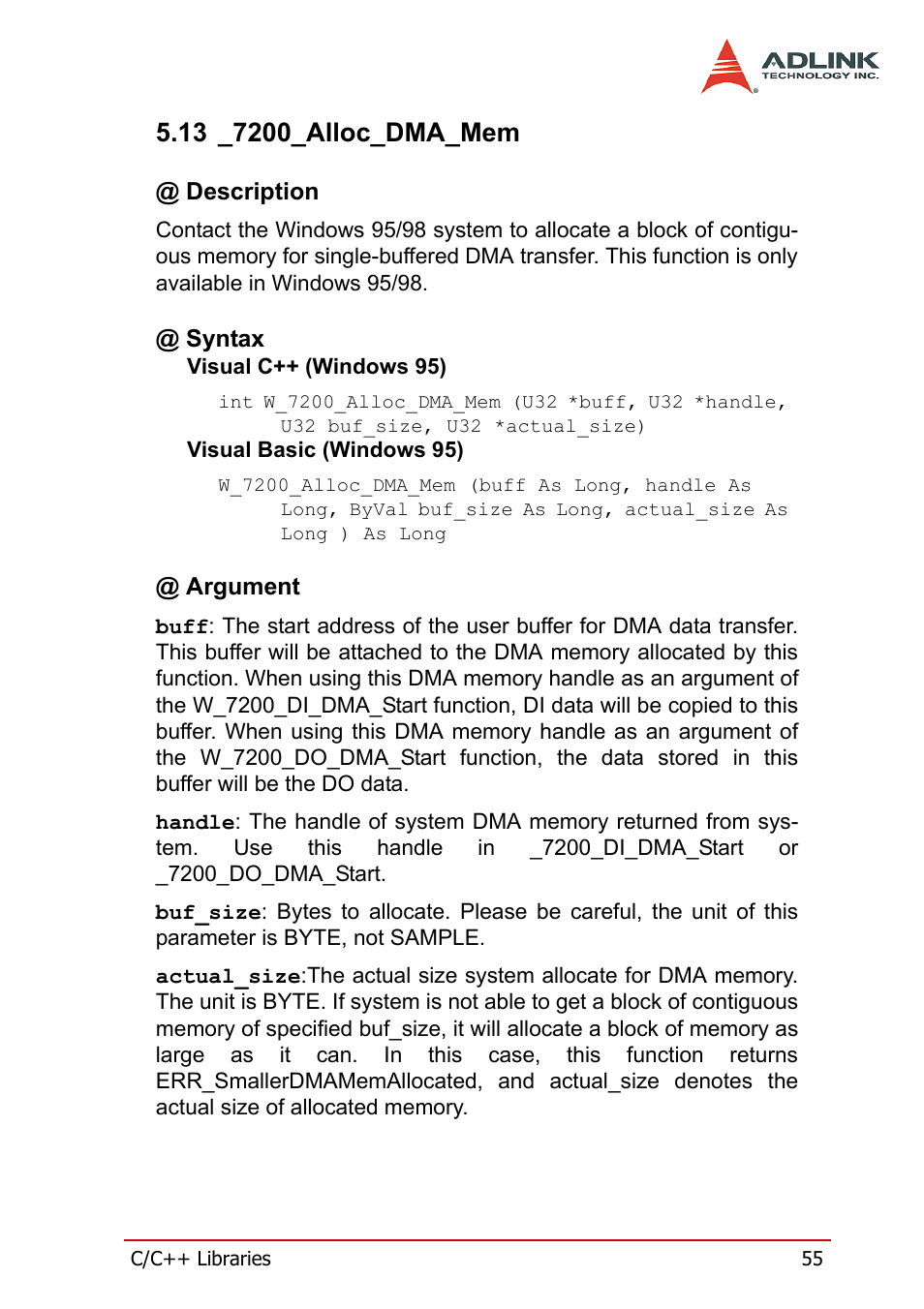 13 _7200_alloc_dma_mem, Description, Syntax | Argument, Description @ syntax @ argument | ADLINK PCI-7200 User Manual | Page 67 / 96