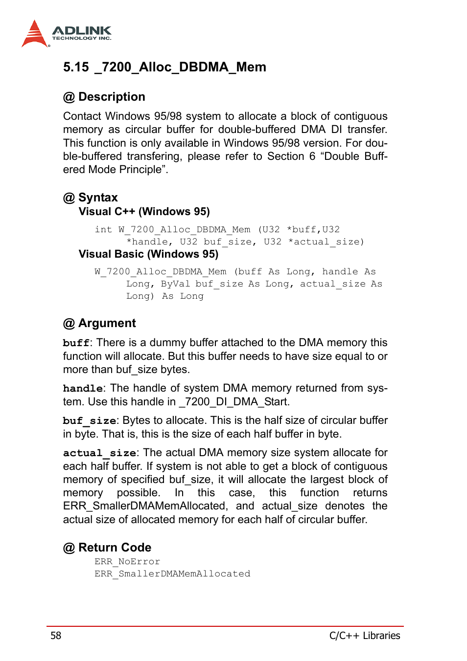 15 _7200_alloc_dbdma_mem, Description, Syntax | Argument, Return code, Description @ syntax, Argument @ return code | ADLINK PCI-7200 User Manual | Page 70 / 96