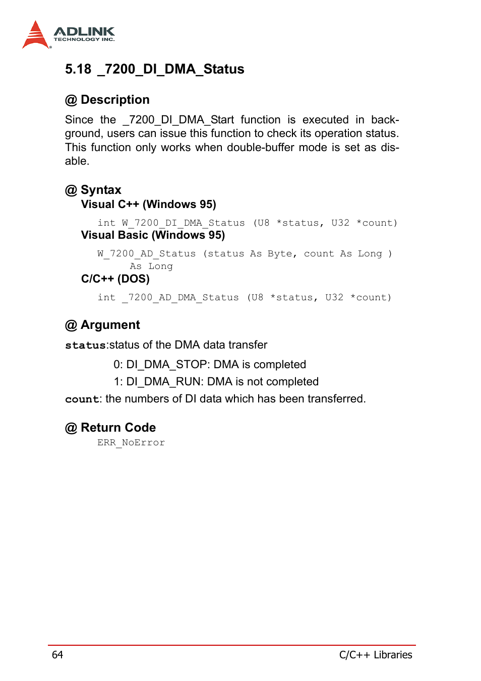 18 _7200_di_dma_status, Description, Syntax | Argument, Return code, Description @ syntax @ argument @ return code | ADLINK PCI-7200 User Manual | Page 76 / 96