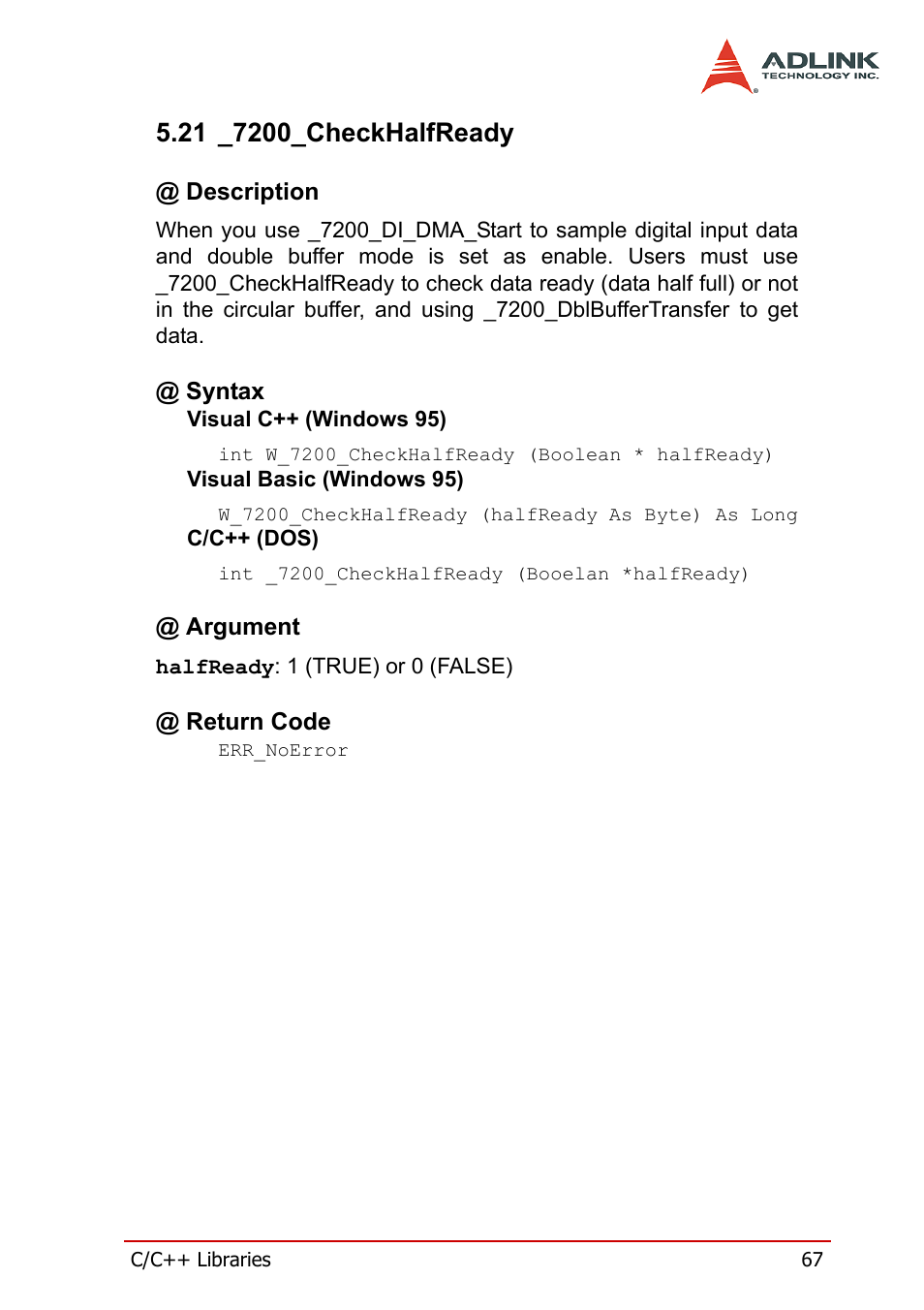 21 _7200_checkhalfready, Description, Syntax | Argument, Return code, Description @ syntax @ argument @ return code | ADLINK PCI-7200 User Manual | Page 79 / 96