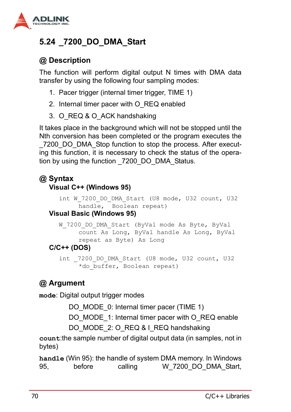 24 _7200_do_dma_start, Description, Syntax | Argument, Description @ syntax @ argument | ADLINK PCI-7200 User Manual | Page 82 / 96